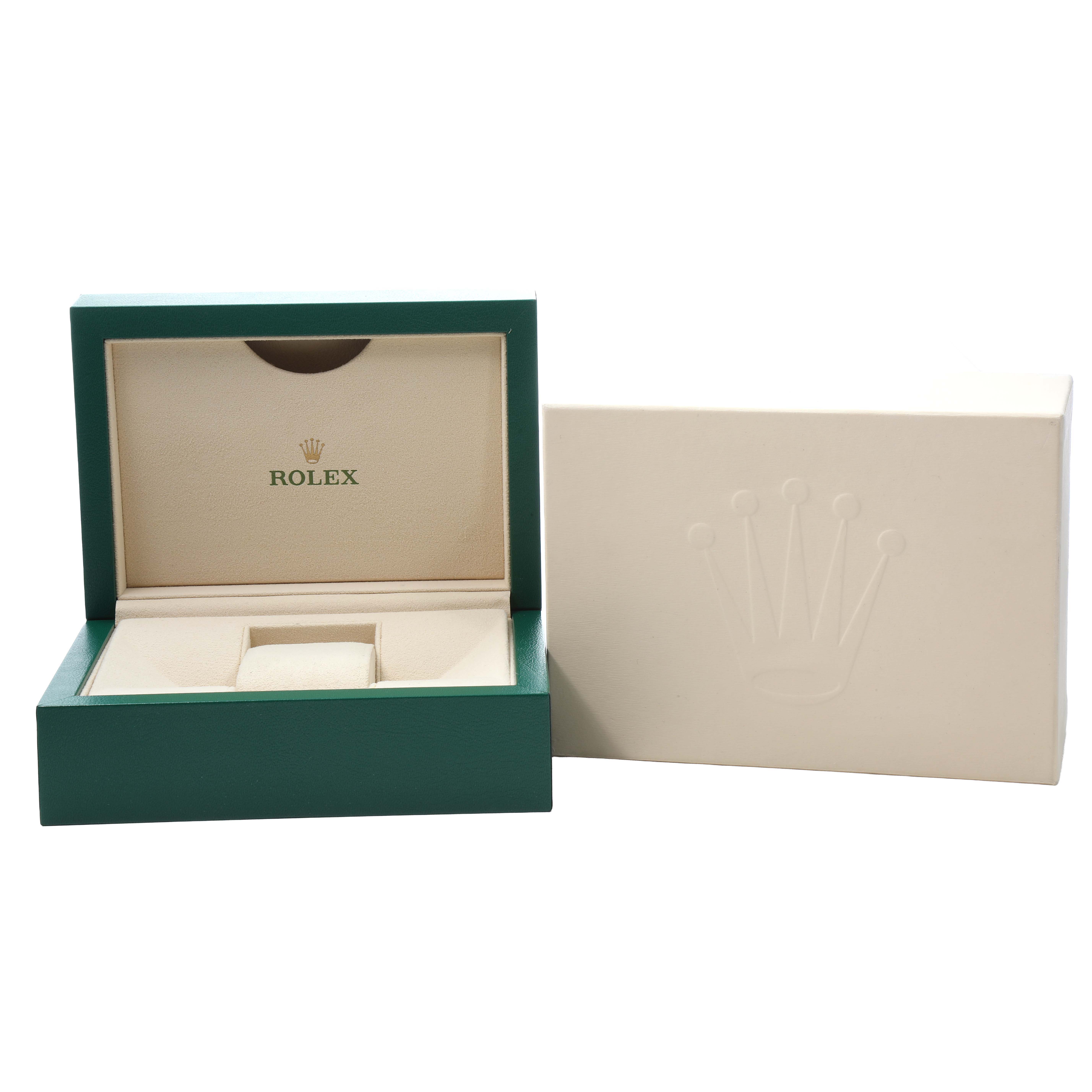The image shows the open packaging box for a Rolex Yacht-Master 116622 Men's Stainless Steel Silver Dial watch, with the interior and logo visible.