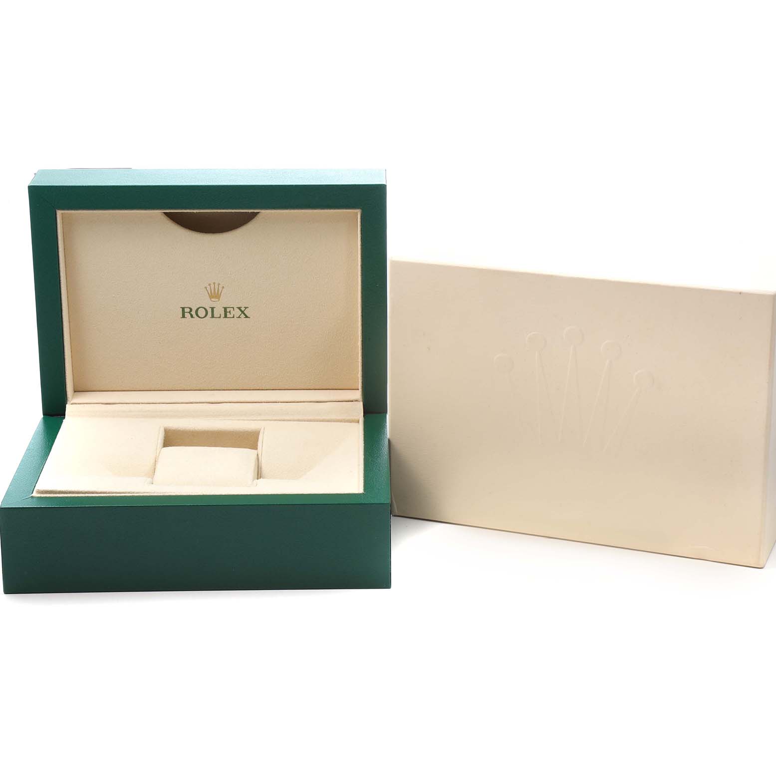The image shows an open Rolex Yacht-Master 116622 Men's Stainless Steel Silver Dial watch box, with a closed box beside it.
