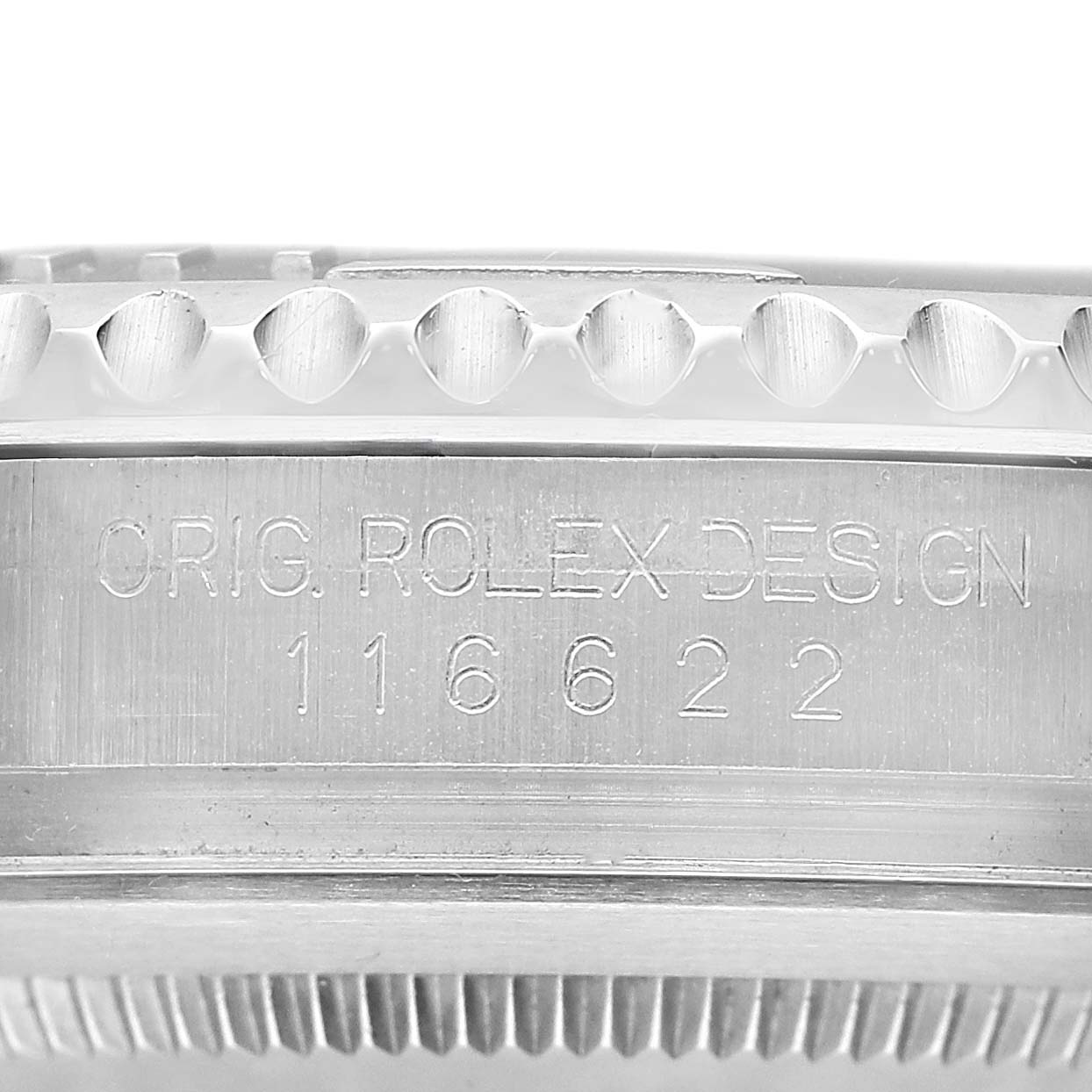 The image shows a side view of the Rolex Yacht-Master 116622 Men's Stainless Steel Silver Dial watch case, highlighting the bezel and engraved model number 116622.