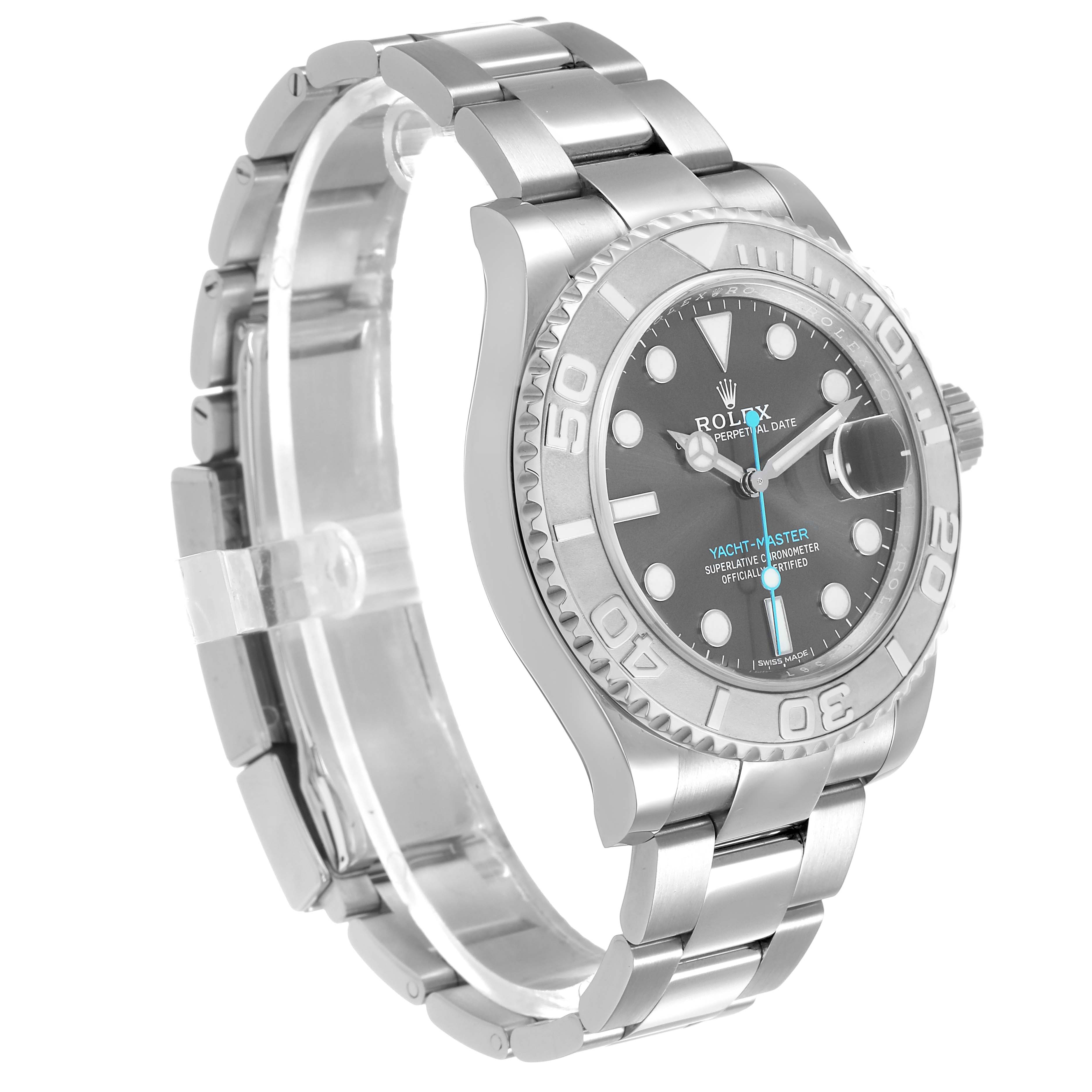 The Rolex Yacht-Master 116622 Men's Stainless Steel Silver Dial watch is shown at a three-quarter angle, highlighting the bezel, bracelet, and face.