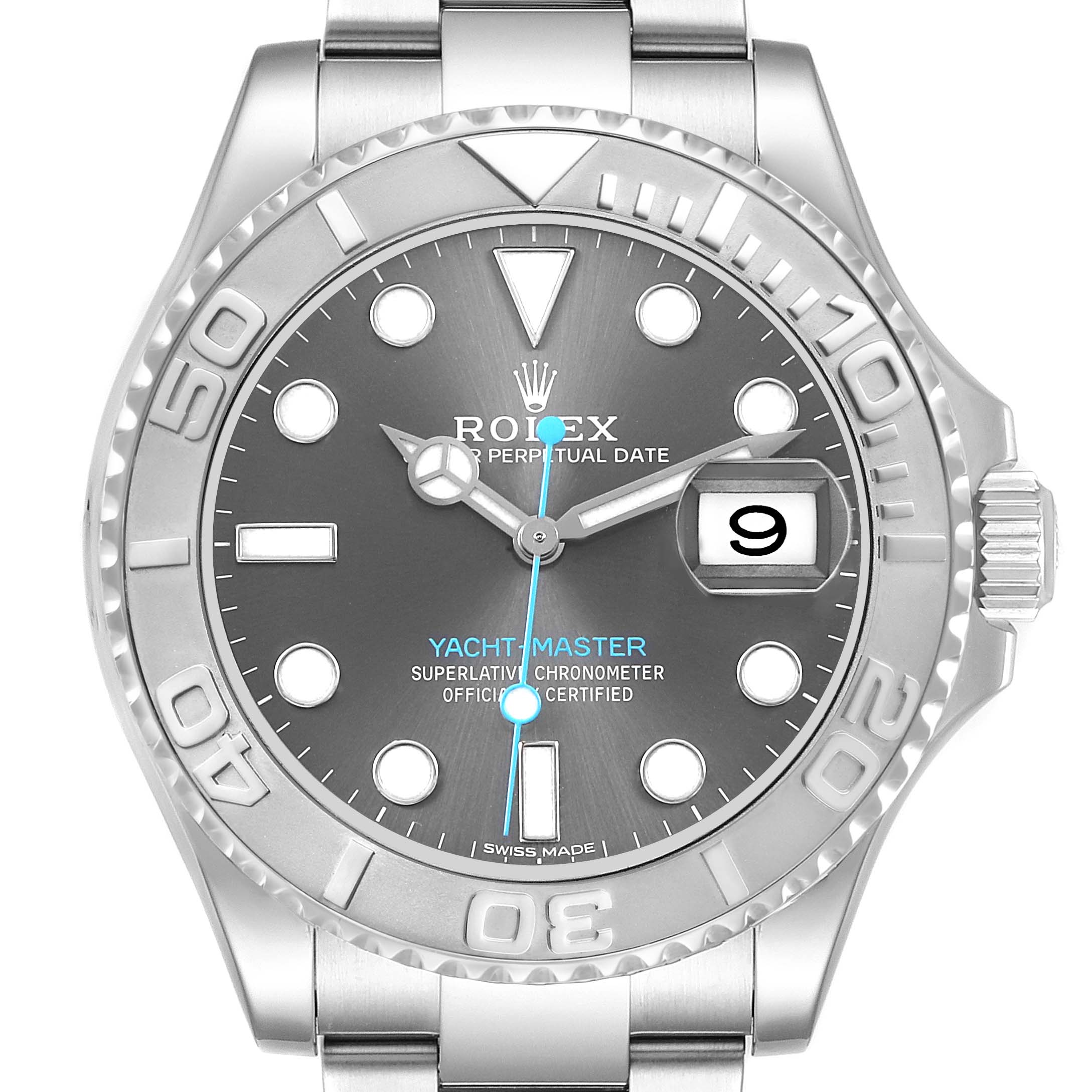 The Rolex Yacht-Master 116622 Men's Stainless Steel Silver Dial watch is shown from a straight-on angle, highlighting the dial, bezel, and case.