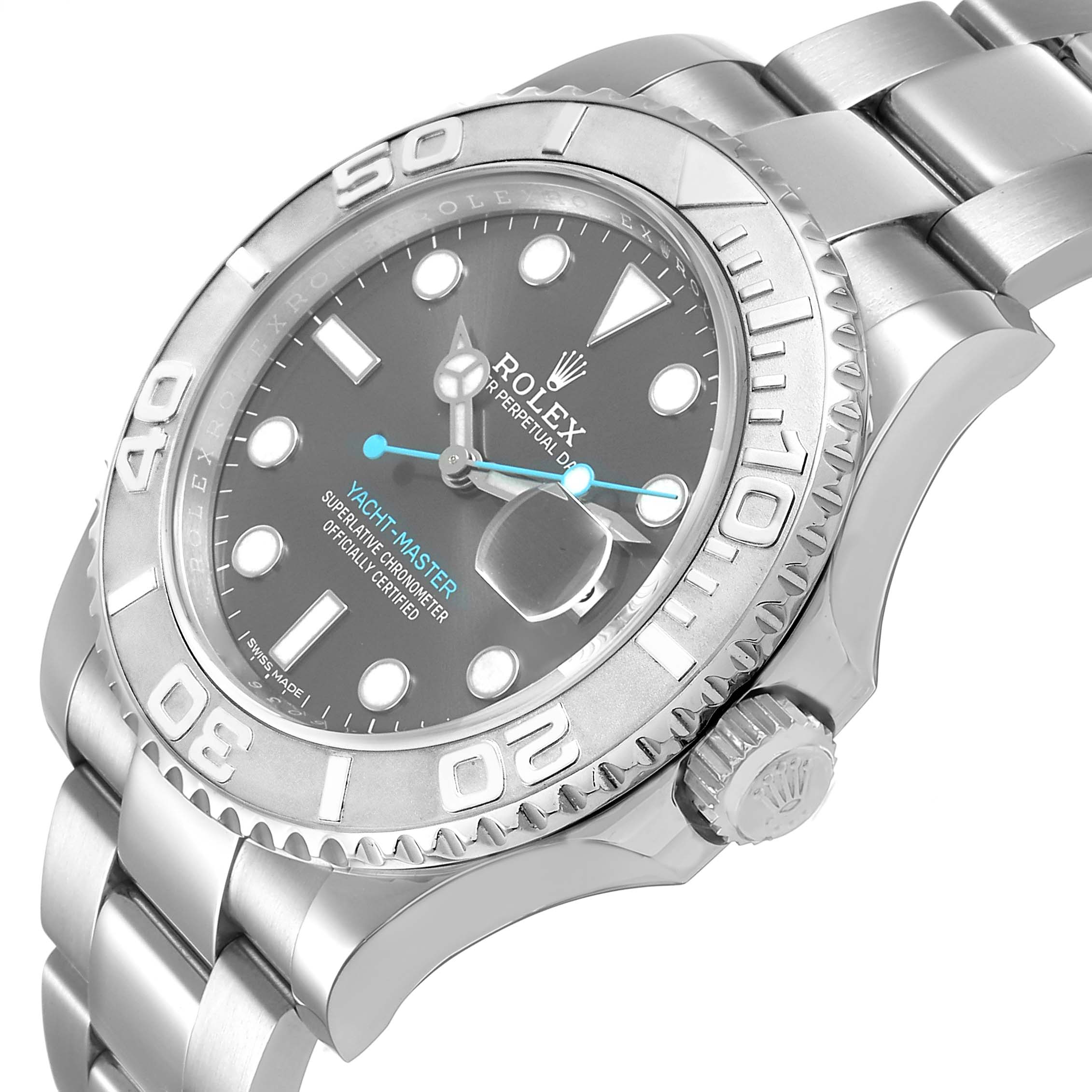The Rolex Yacht-Master 116622 Men's Stainless Steel Silver Dial watch is shown from a top angled view, displaying the bezel, dial, crown, and bracelet.