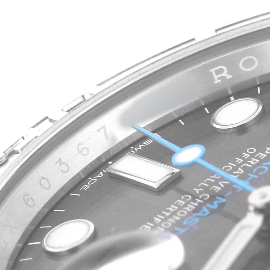 The image shows a close-up of the Rolex Yacht-Master 116622 Men's Stainless Steel Silver Dial watch, highlighting the bezel, dial, and hands.