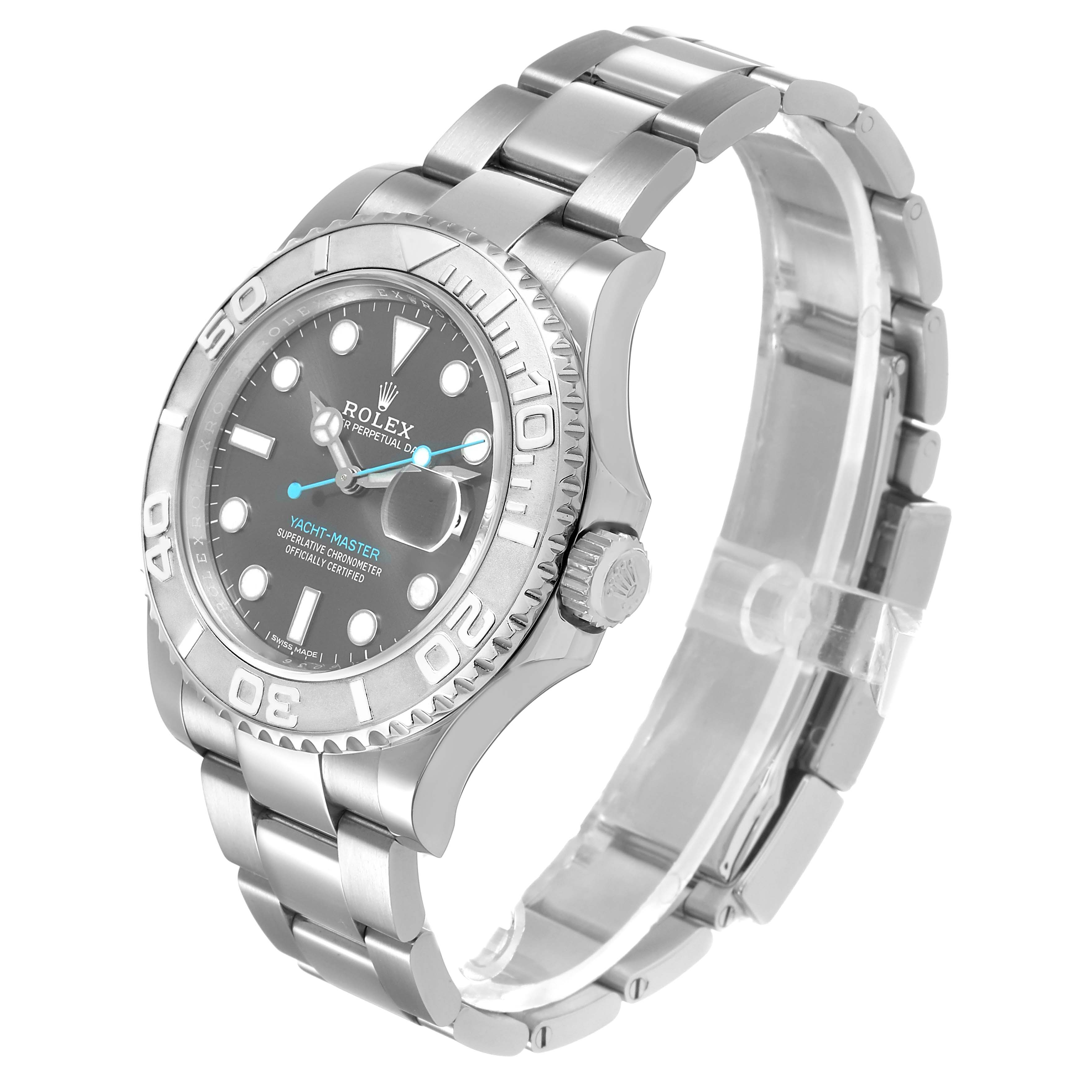The Rolex Yacht-Master 116622 Men's Stainless Steel Silver Dial watch is shown from a three-quarter angle, displaying the face, bezel, bracelet, and crown.