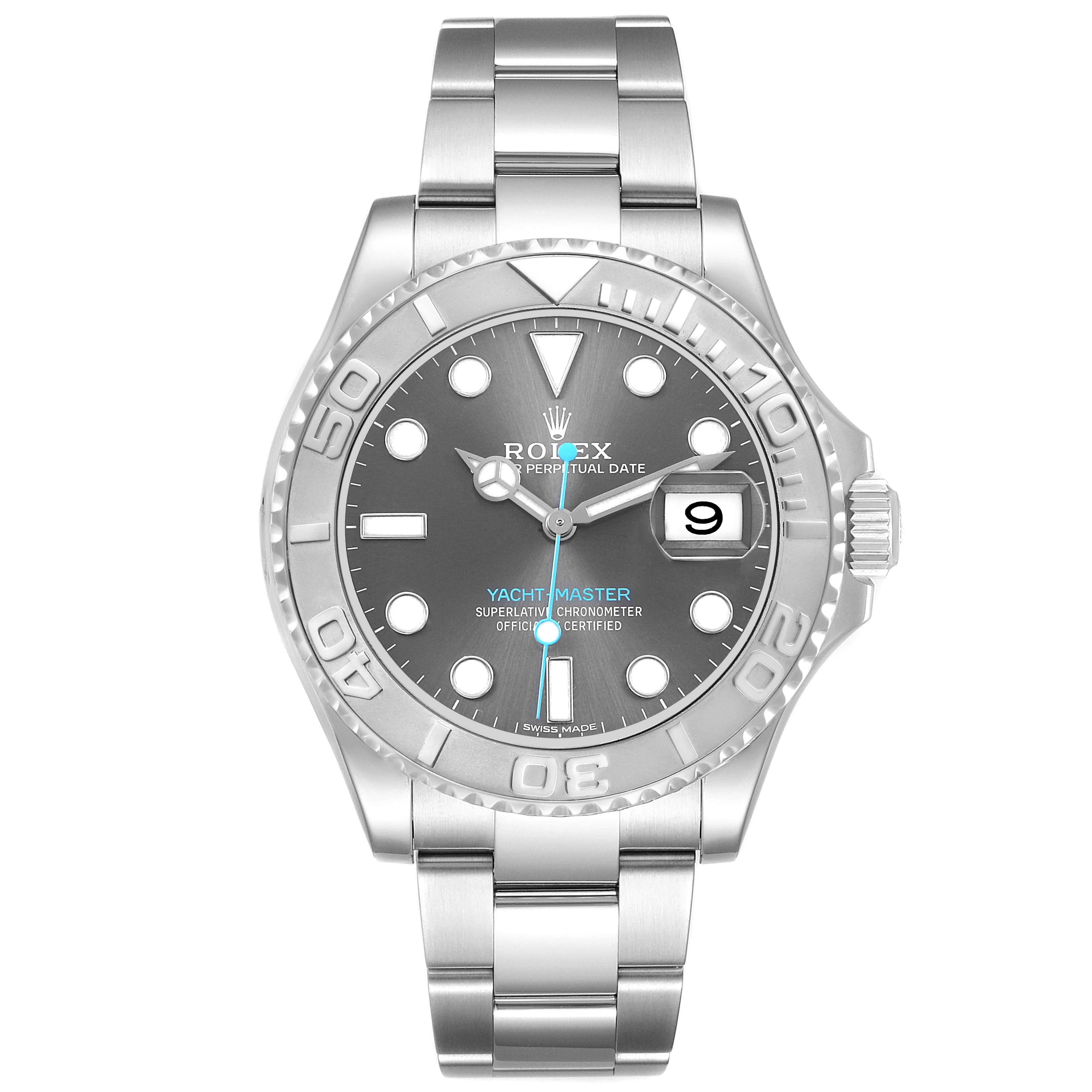 The Rolex Yacht-Master 116622 Men's Stainless Steel Silver Dial watch is shown from the front, highlighting the dial, bracelet, bezel, and date window.