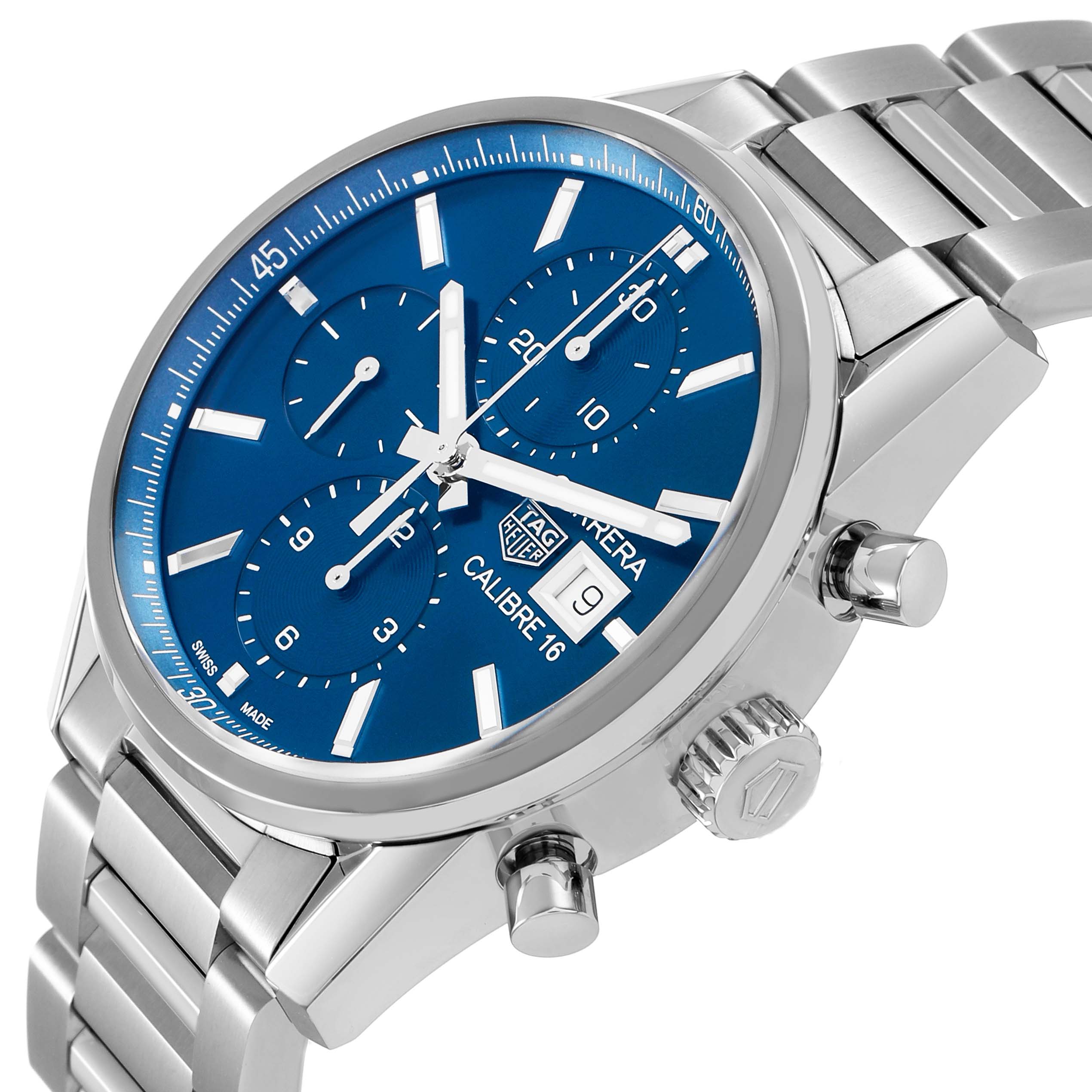 The Tag Heuer Carrera CBK2112 Men's Stainless Steel Blue Dial watch is shown at an angled side view, highlighting the dial, chronograph subdials, crown, and stainless steel bracelet.