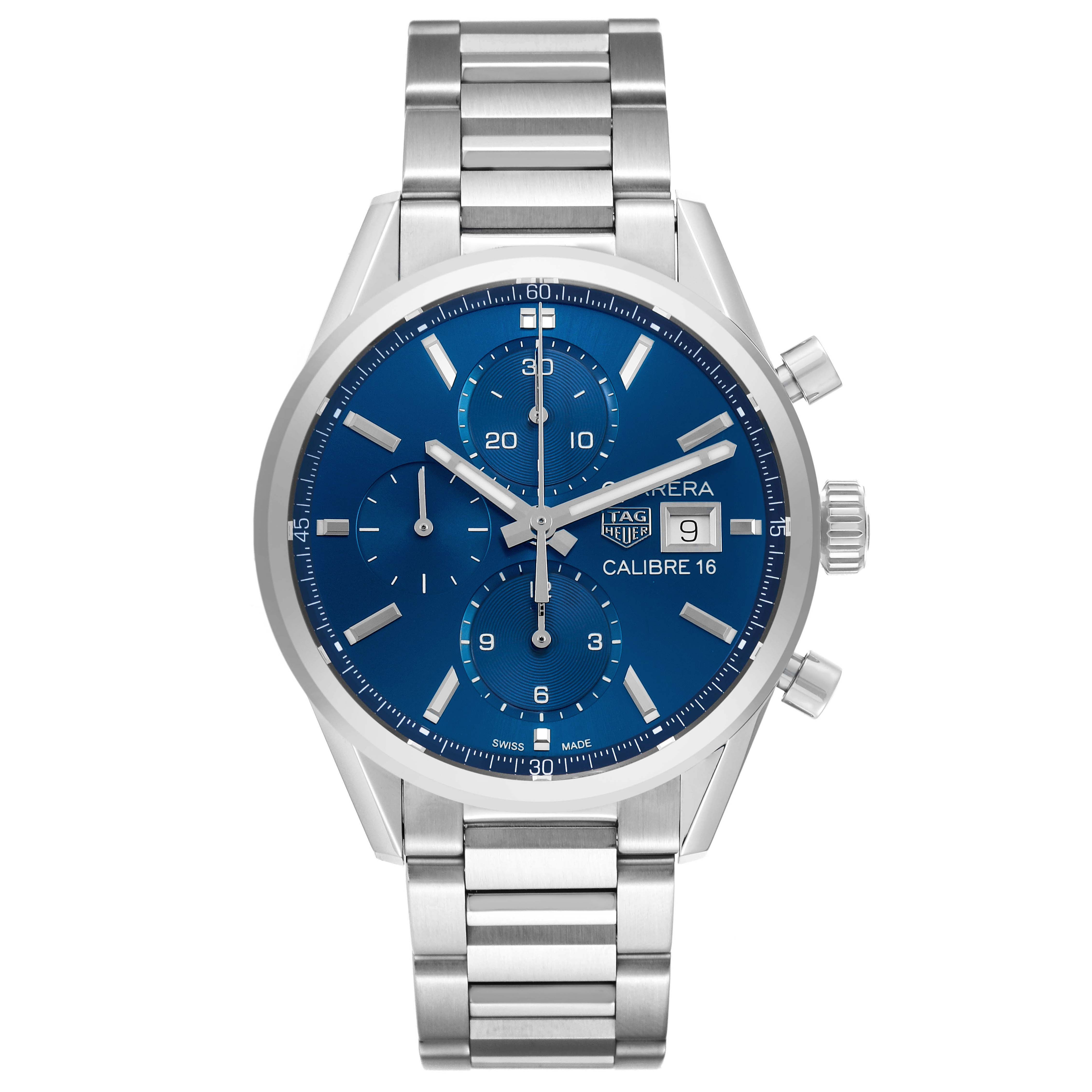The Tag Heuer Carrera CBK2112 Men's Stainless Steel Blue Dial watch is shown in a front view, displaying its blue dial, chronograph subdials, date window, and metal bracelet.