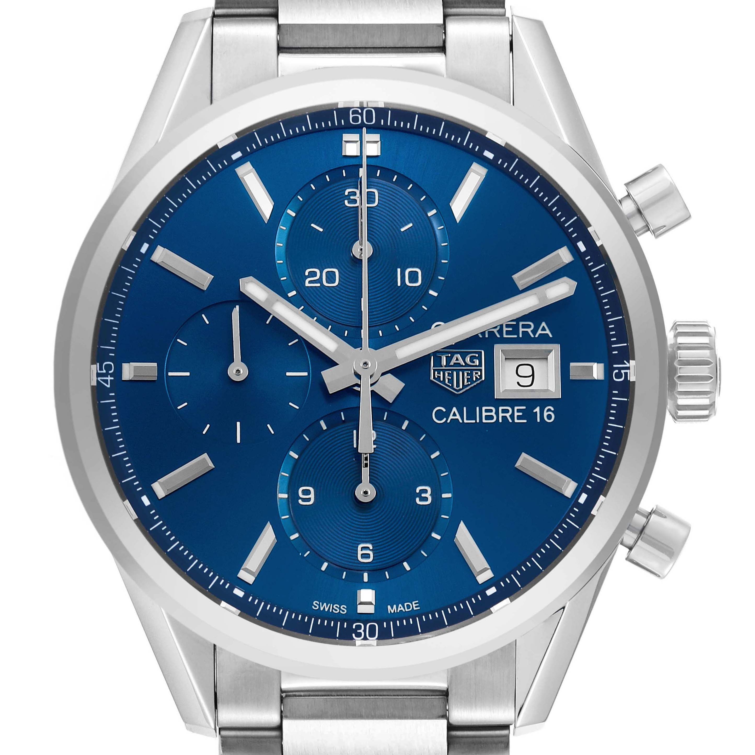 The Tag Heuer Carrera CBK2112 Men's Stainless Steel Blue Dial watch is shown from a front-view angle, displaying its blue dial, chronograph subdials, date window, and stainless steel bracelet.