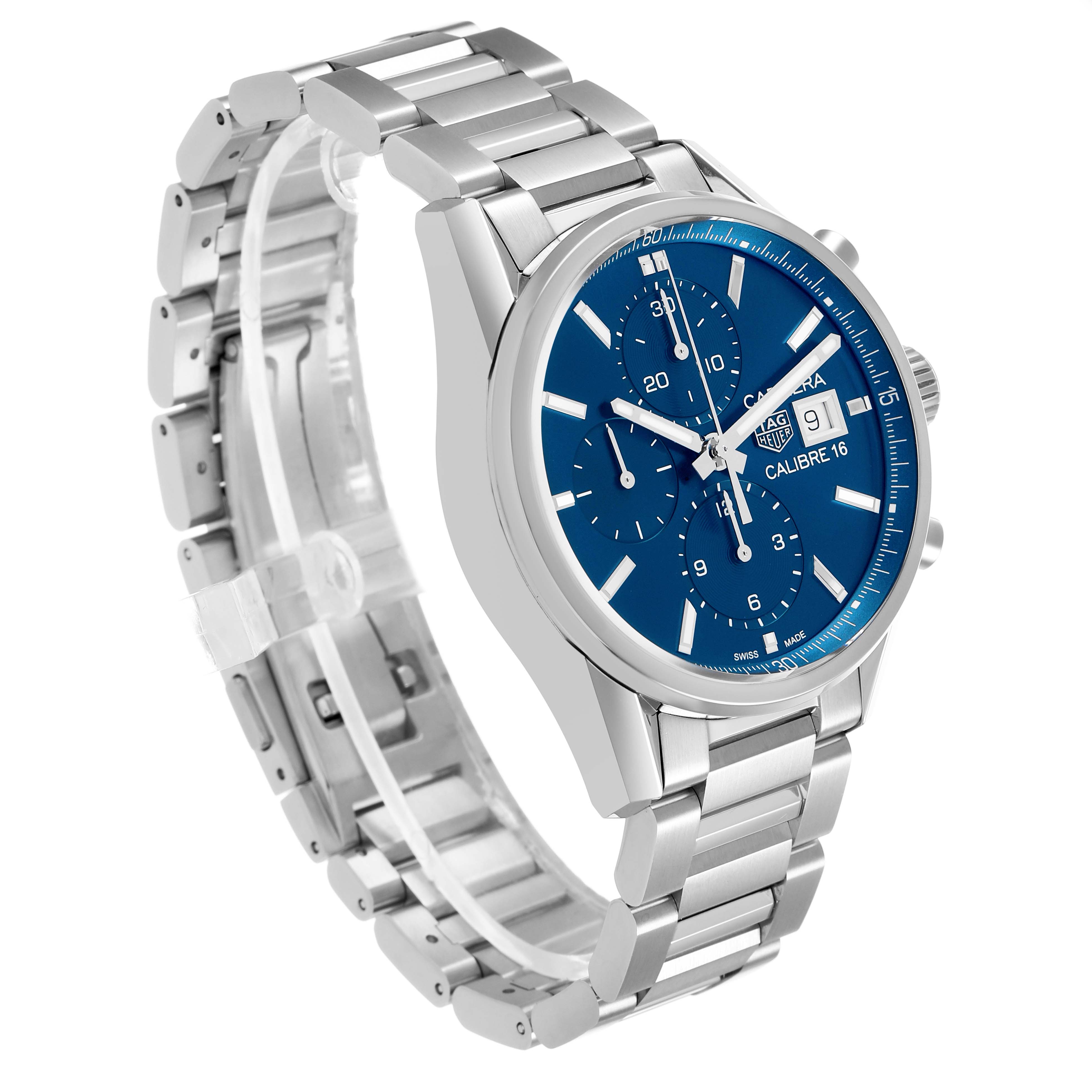 The Tag Heuer Carrera CBK2112 Men's Stainless Steel Blue Dial watch is shown at an angle displaying the face, bezel, chronograph dials, bracelet, and clasp.