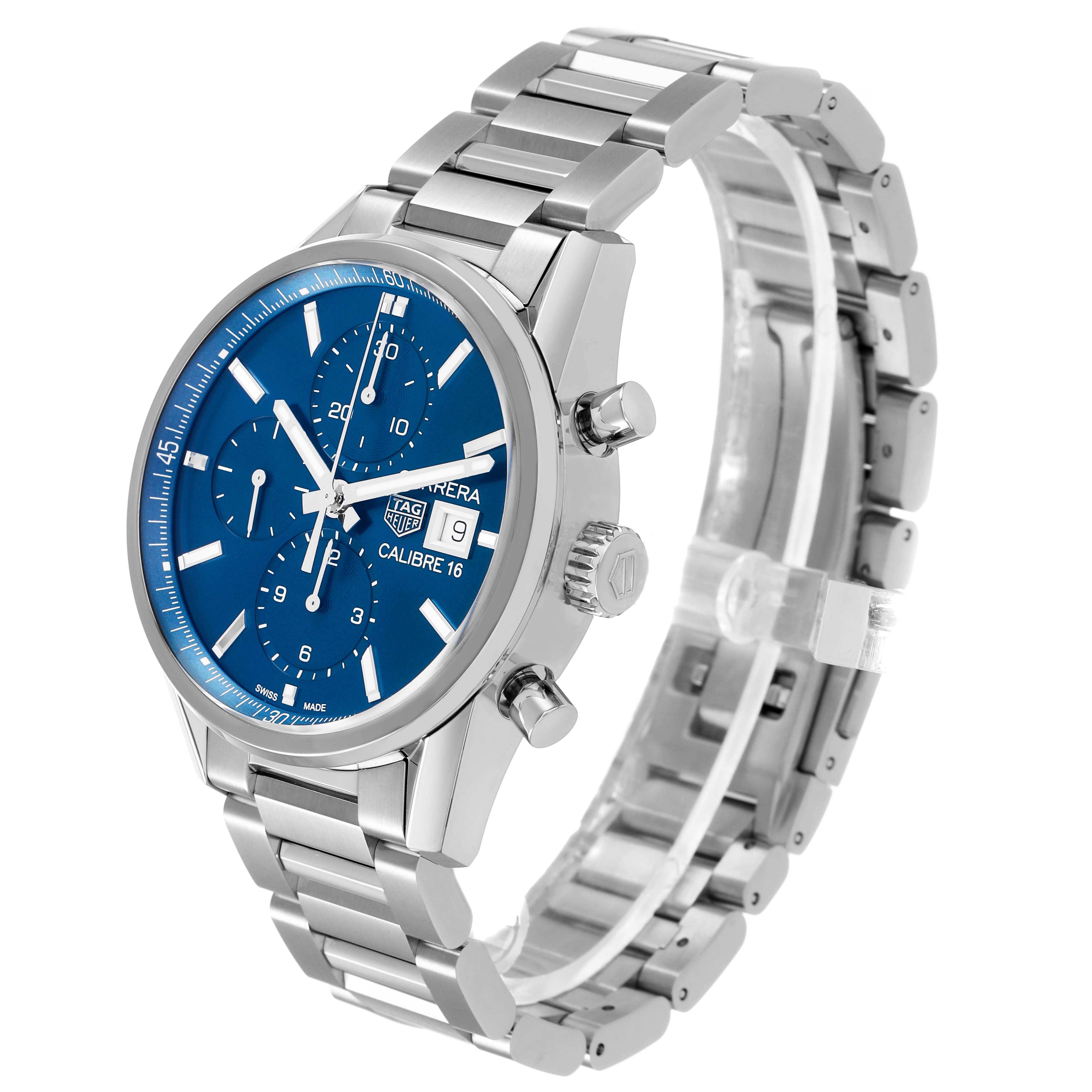 The Tag Heuer Carrera CBK2112 Men's Stainless Steel Blue Dial watch is shown at a 3/4 angle, highlighting the blue dial, chronograph, case, crown, pushers, and stainless steel bracelet.
