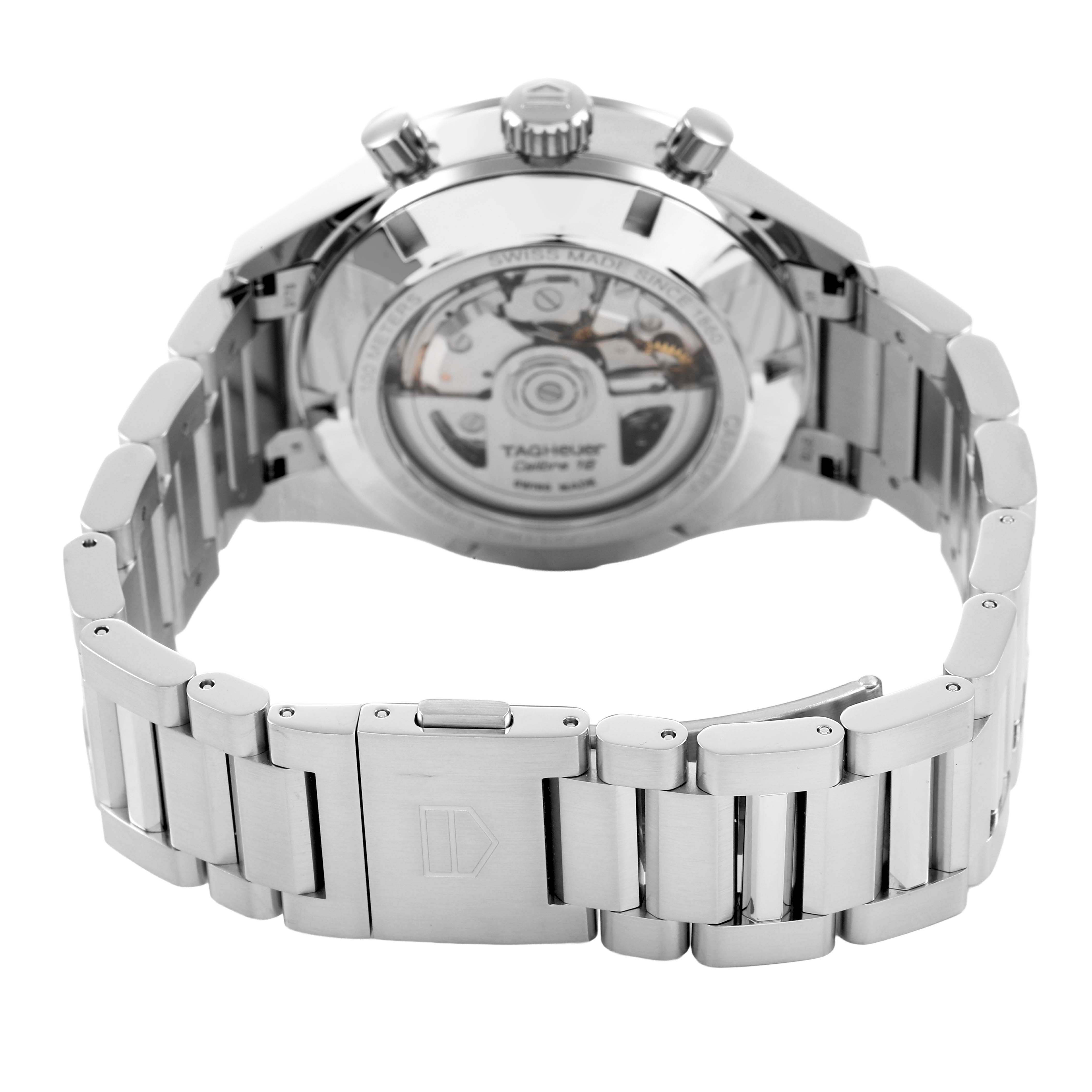 The image shows the back view of a Tag Heuer Carrera CBK2112 Men's Stainless Steel Blue Dial watch, focusing on the bracelet and transparent case back.