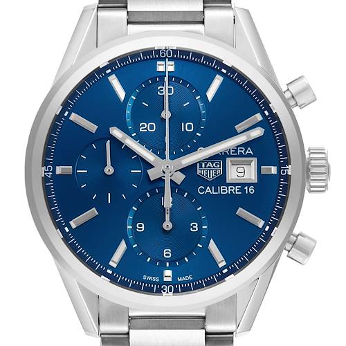 The Tag Heuer Carrera CBK2112 Men's Stainless Steel Blue Dial watch is shown from the front, displaying its blue dial, chronograph subdials, date window, and stainless steel bracelet.