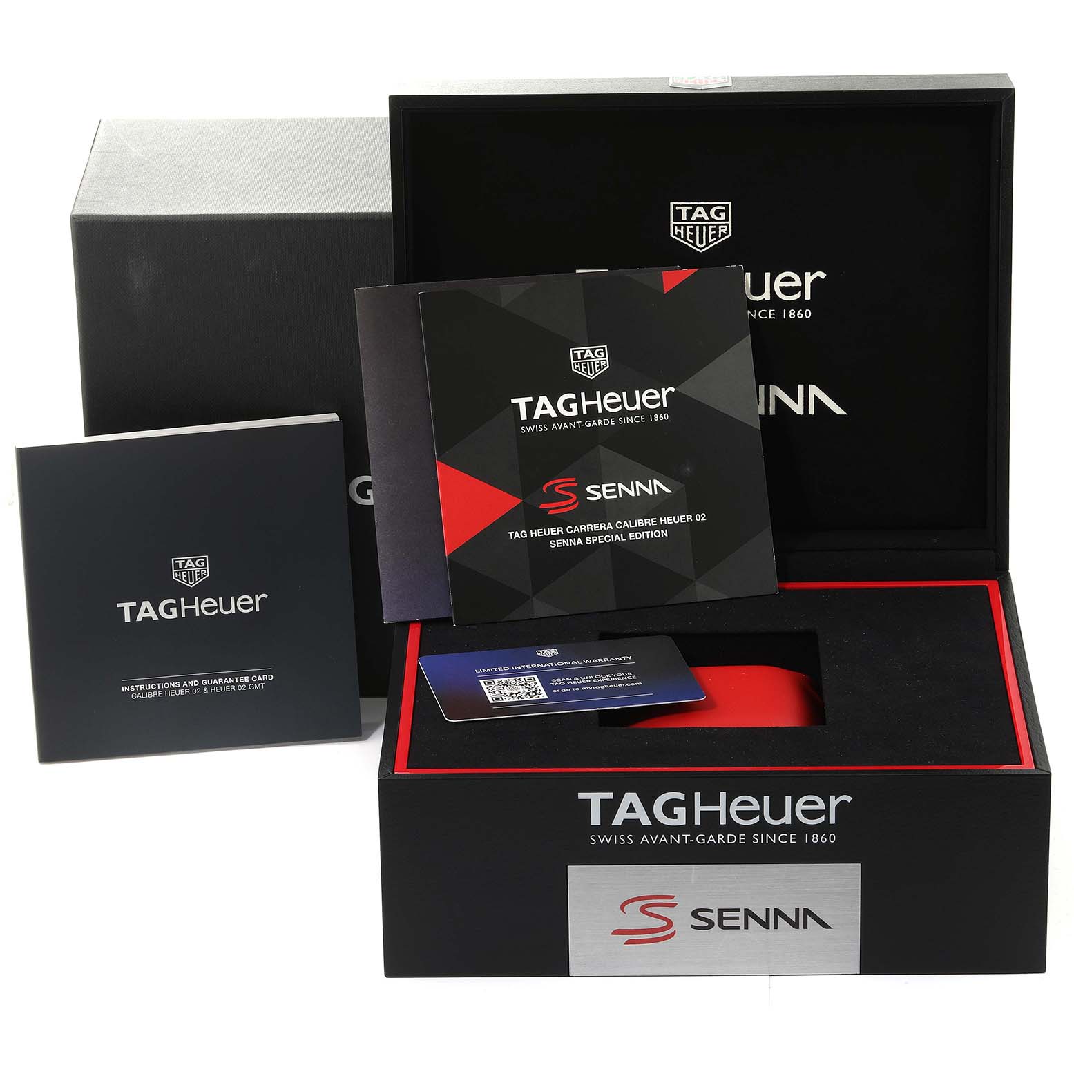 The image shows the packaging and manuals of the Tag Heuer Carrera CBG2013 Men's Stainless Steel Black Dial CBG2013 Men's Stainless Steel Black Dial model, Senna Special Edition.