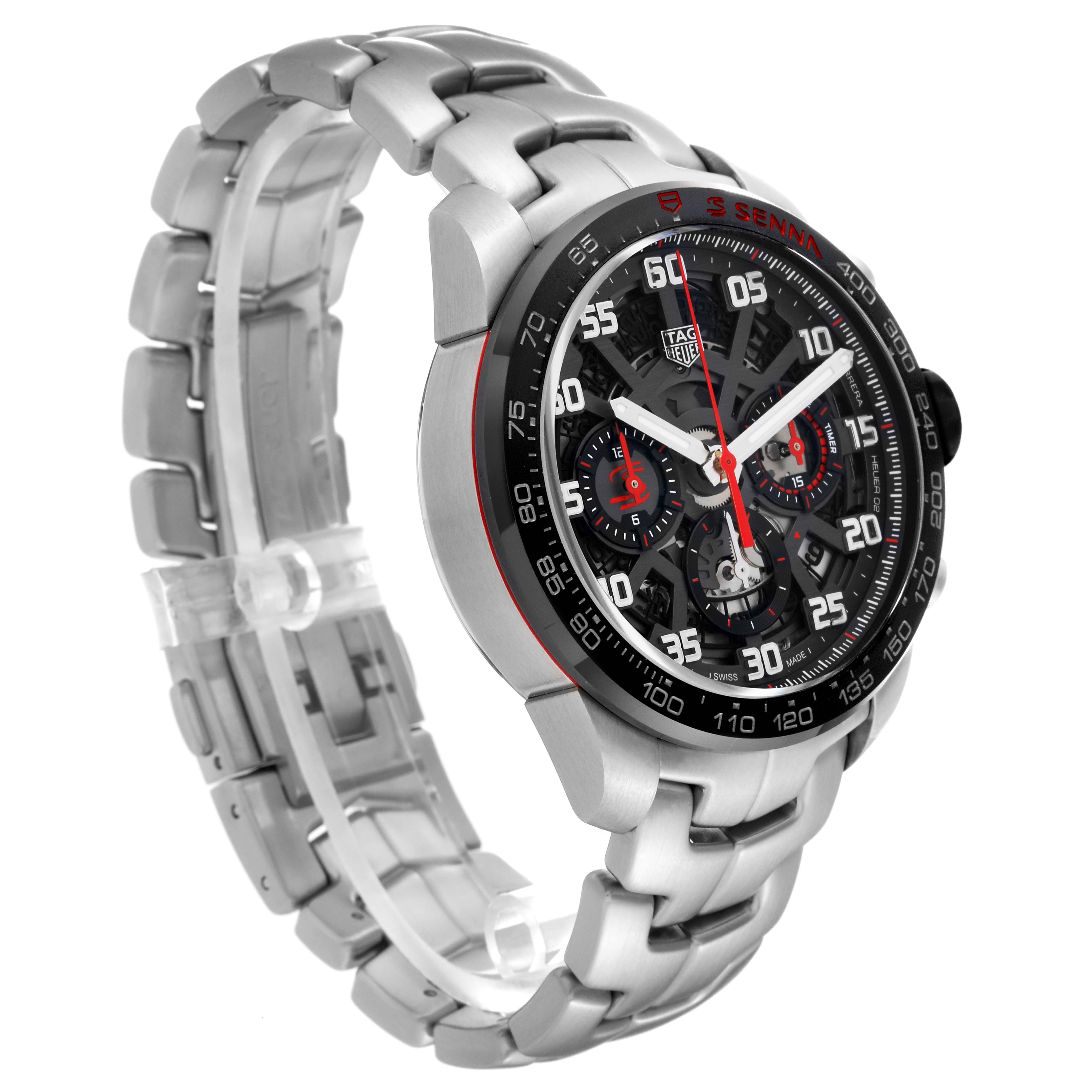 The image shows a side view of the Tag Heuer Carrera CBG2013 Men's Stainless Steel Black Dial CBG2013 Men's Stainless Steel Black Dial model watch, highlighting the dial and metal bracelet.