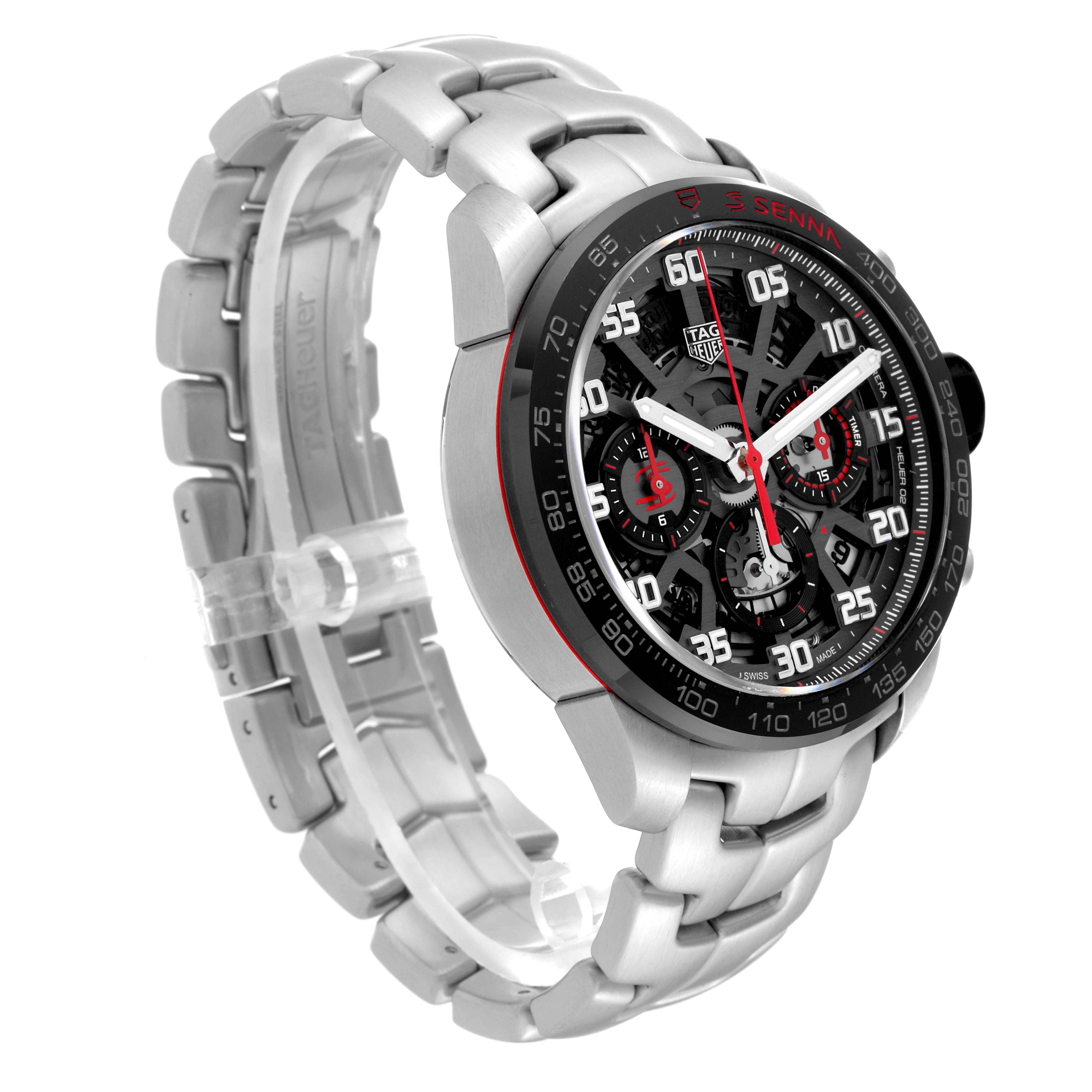 The image shows a side angle view of the Tag Heuer Carrera CBG2013 Men's Stainless Steel Black Dial CBG2013 Men's Stainless Steel Black Dial watch, highlighting its band and detailed face.