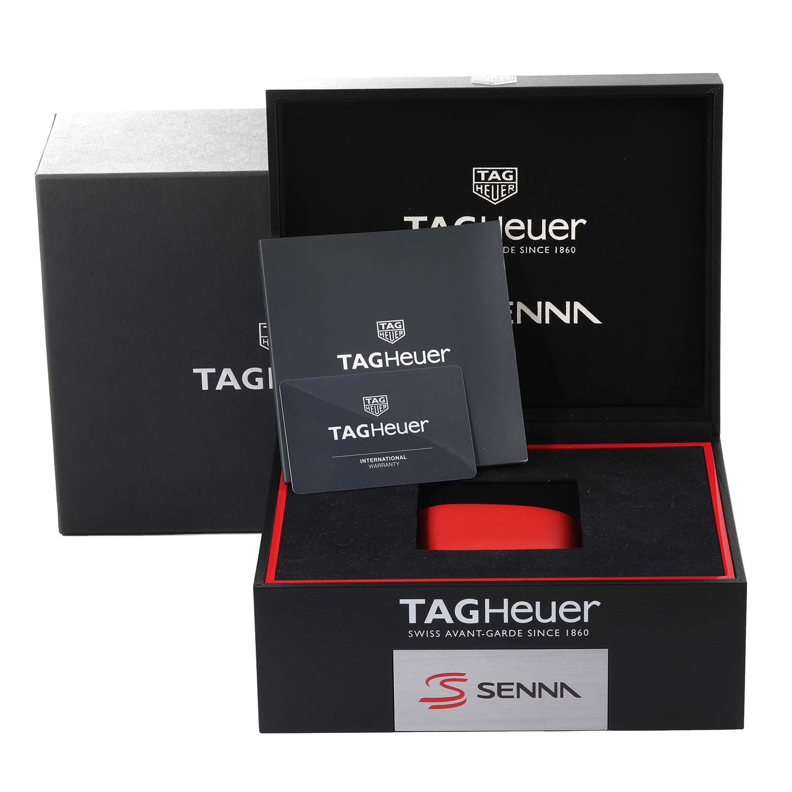 The image shows the packaging and accessories for the Tag Heuer Carrera CBG2013 Men's Stainless Steel Black Dial CBG2013 Men's Stainless Steel Black Dial watch, including warranty cards and documentation.