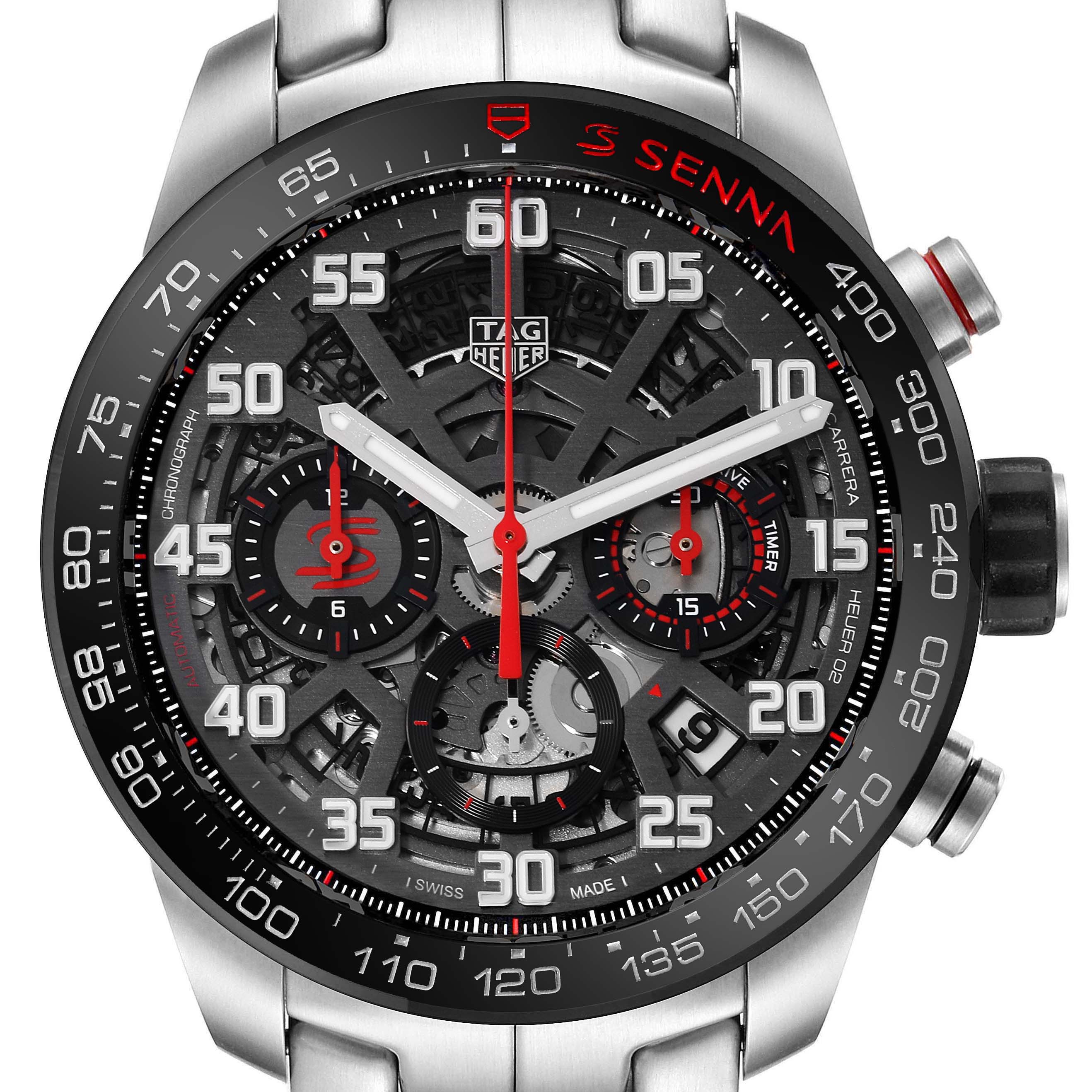 The image shows a close-up front view of a Tag Heuer Carrera CBG2013 Men's Stainless Steel Black Dial CBG2013 Men's Stainless Steel Black Dial watch, highlighting its detailed dial and chronograph features.