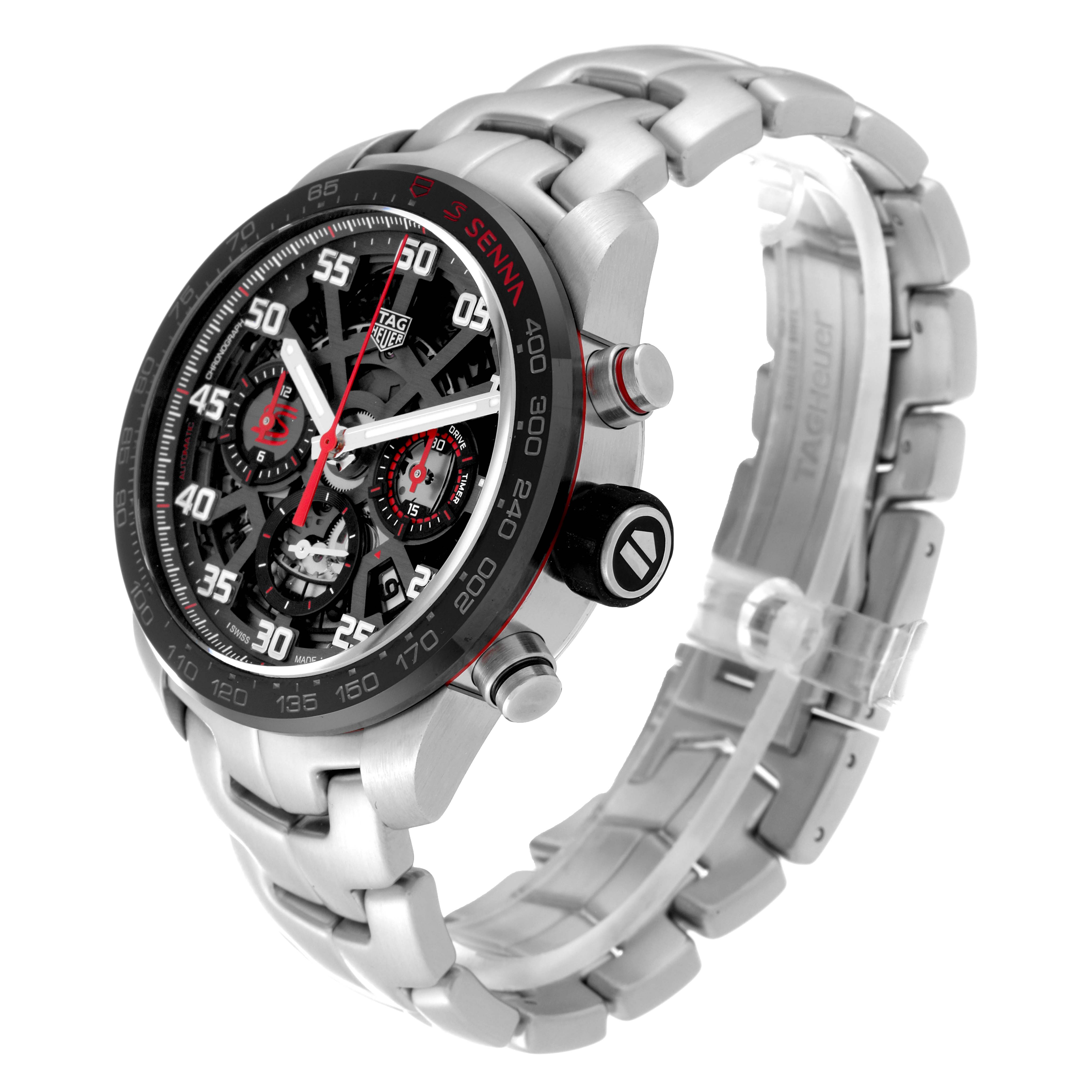 The image shows a Tag Heuer Carrera CBG2013 Men's Stainless Steel Black Dial CBG2013 Men's Stainless Steel Black Dial watch model from an angle that highlights its face, bezel, and metal band.