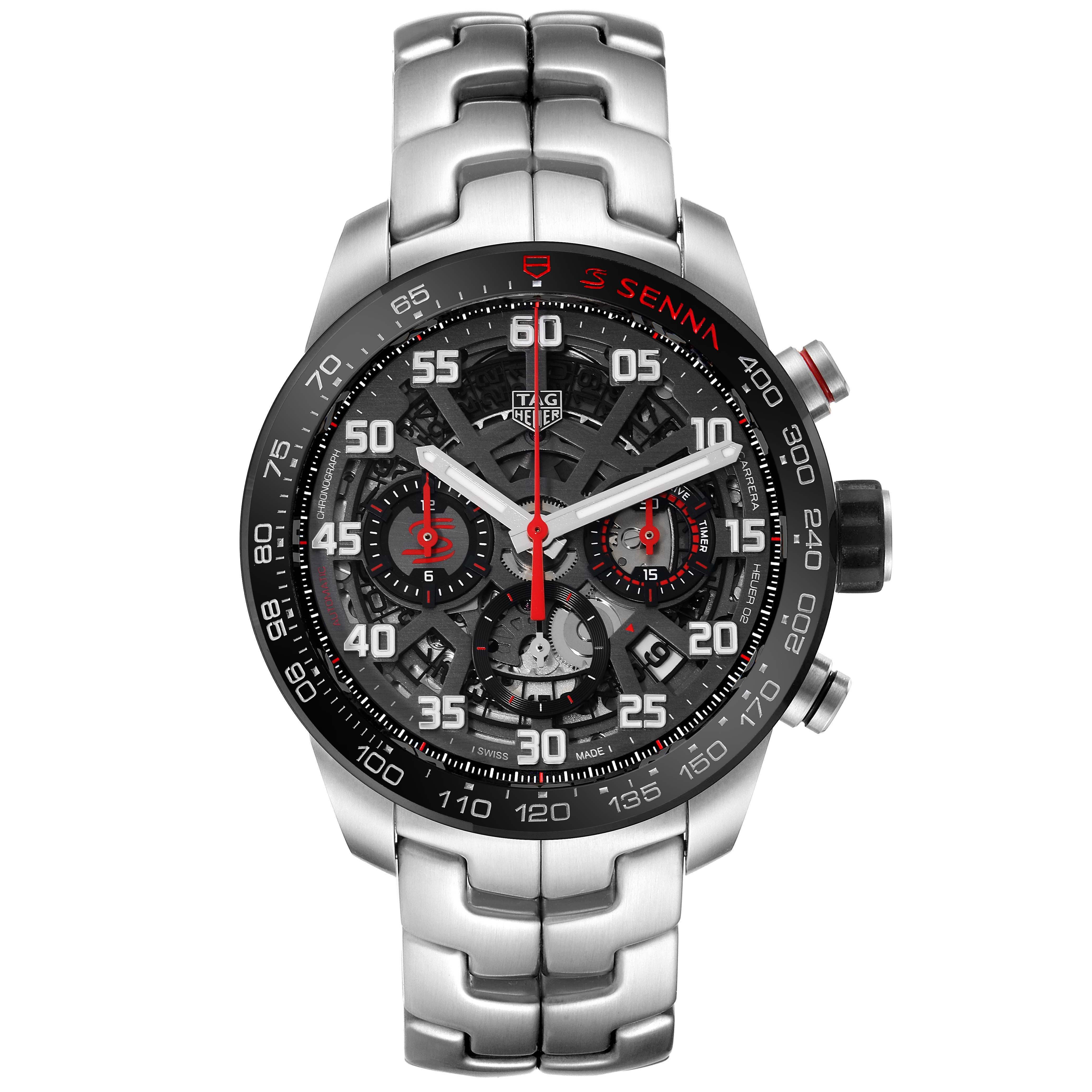The image shows a frontal view of the Tag Heuer Carrera CBG2013 Men's Stainless Steel Black Dial CBG2013 Men's Stainless Steel Black Dial model watch displaying its dial, bezel, and bracelet.
