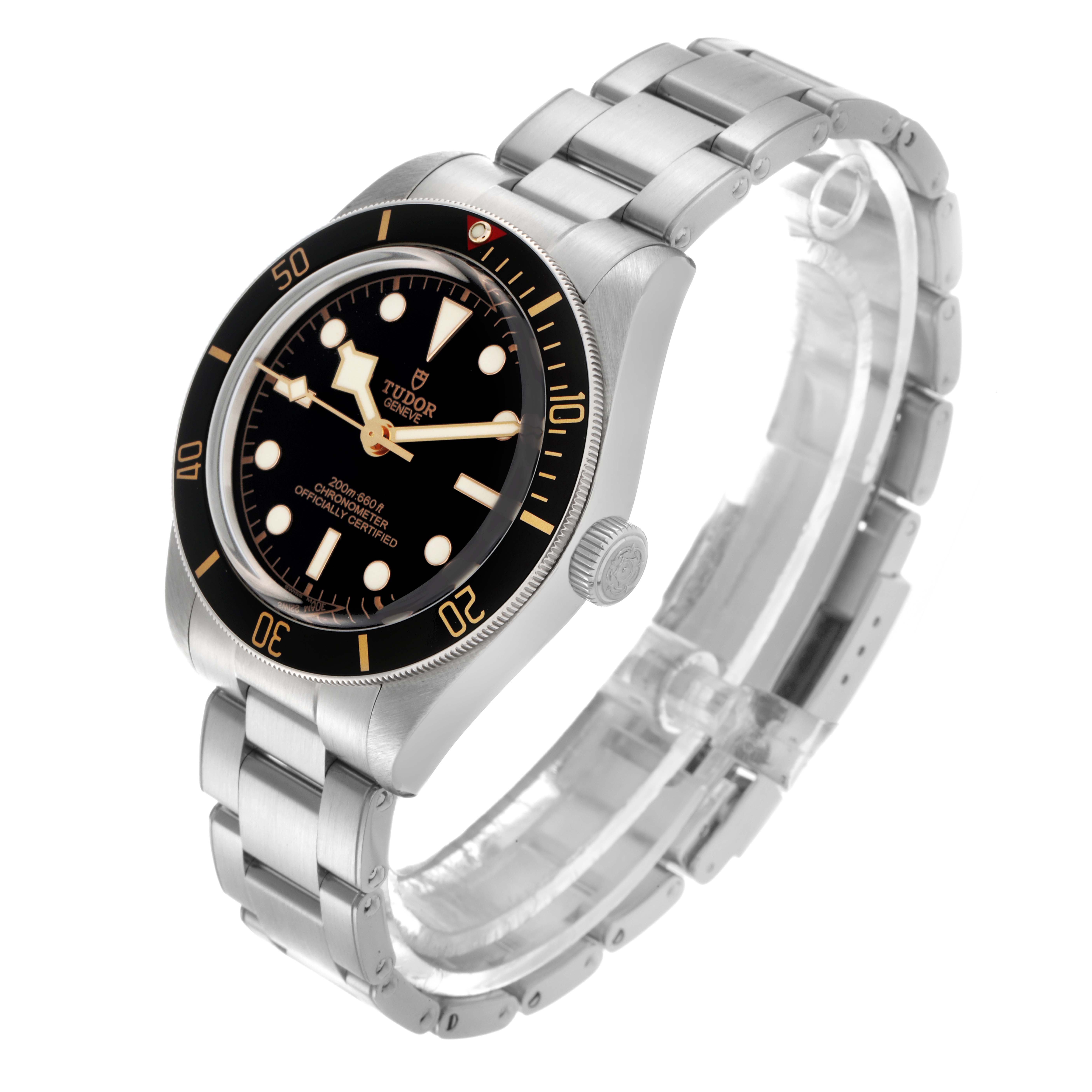 The Tudor Heritage Black Bay M79030N-0001 Men
s Stainless Steel Black Dial M79030N-0001 Men
s Stainless Steel Black Dial watch is shown at a three-quarter angle, displaying its face, bezel, crown, and metal bracelet.