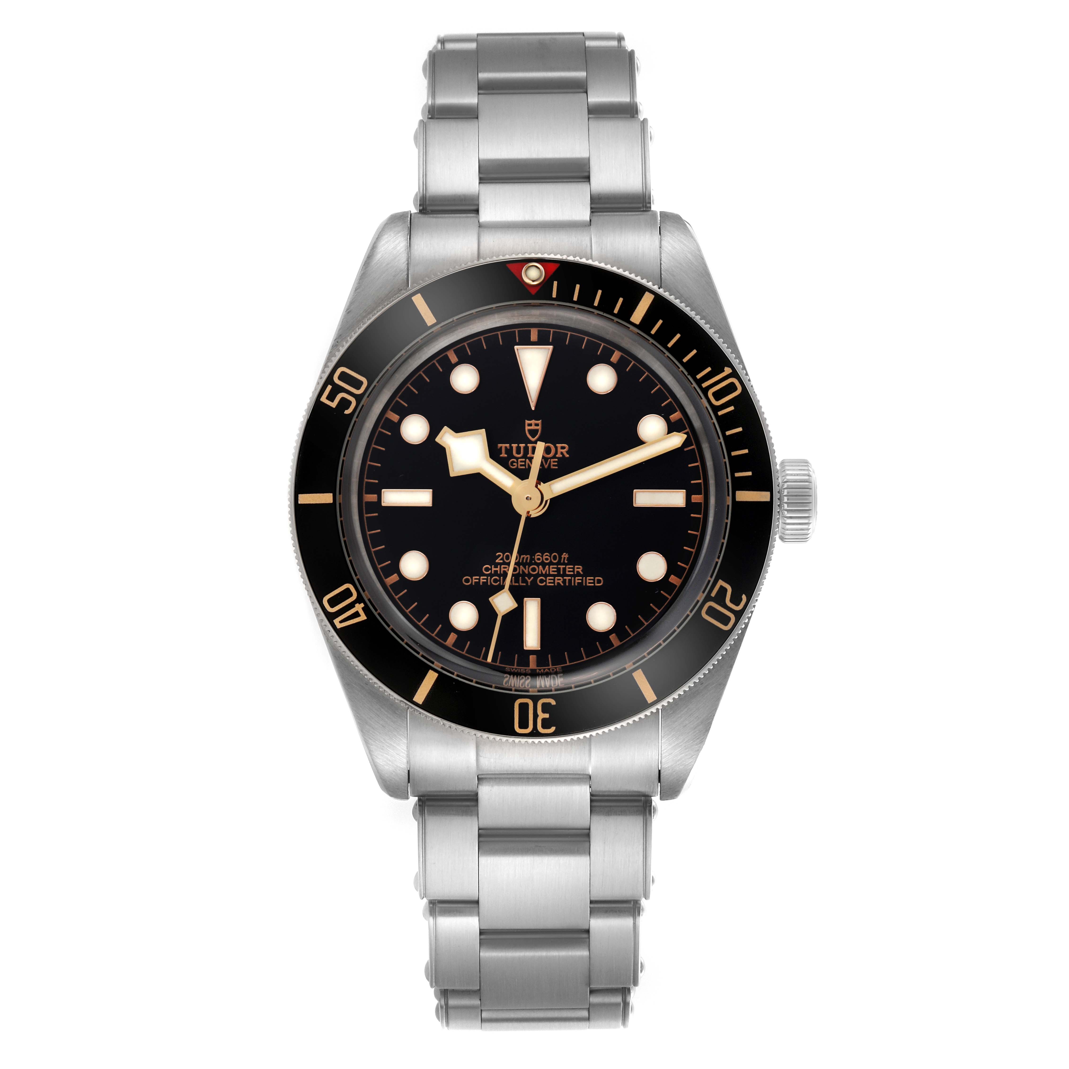 The Tudor Heritage Black Bay M79030N-0001 Men
s Stainless Steel Black Dial M79030N-0001 Men
s Stainless Steel Black Dial watch is shown from the front, highlighting the dial, bezel, case, and bracelet.