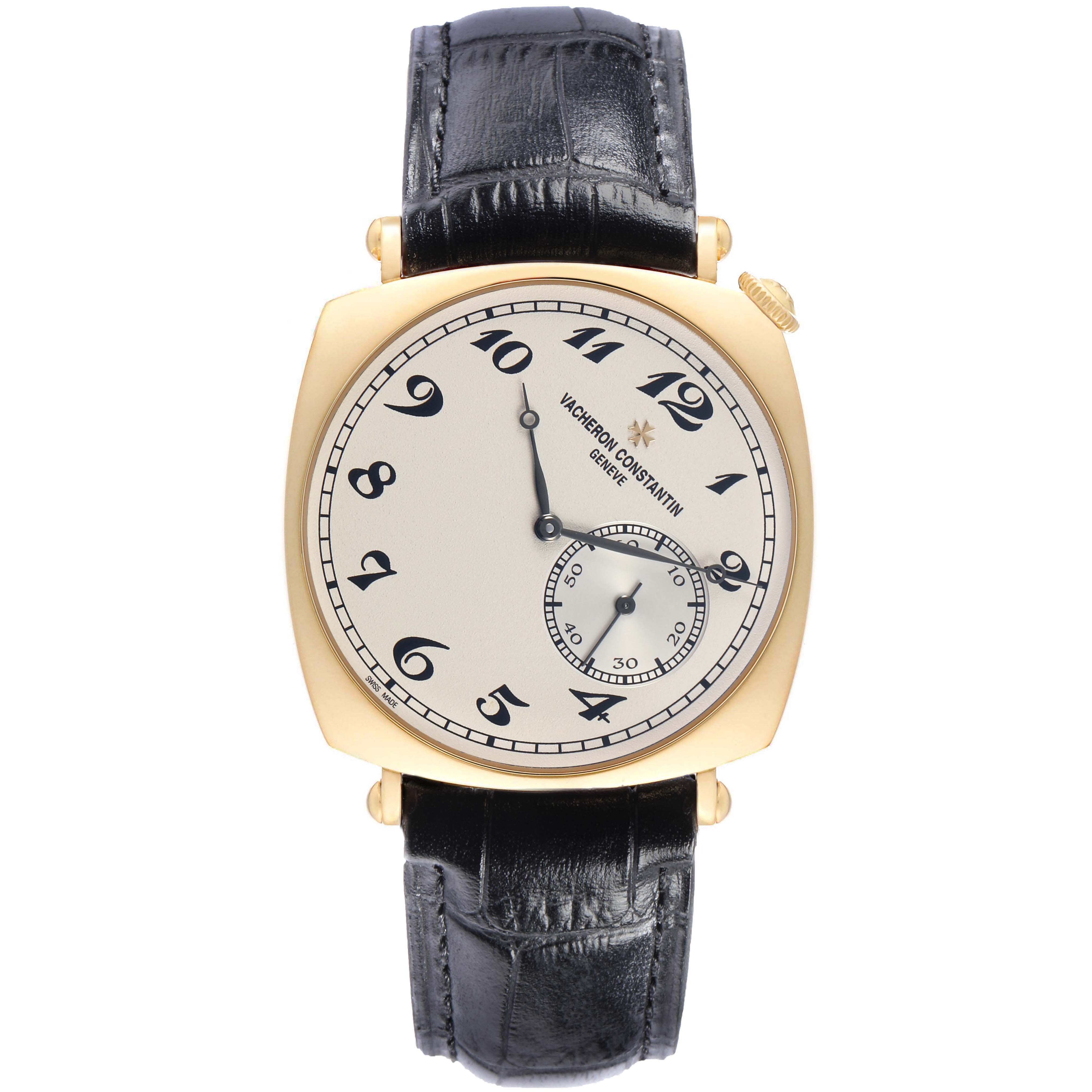 The Vacheron Constantin Historiques 82035/000R-9359 Men's Rose Gold Silver Dial watch is shown from a top-down angle, highlighting the dial, gold case, and black leather strap.