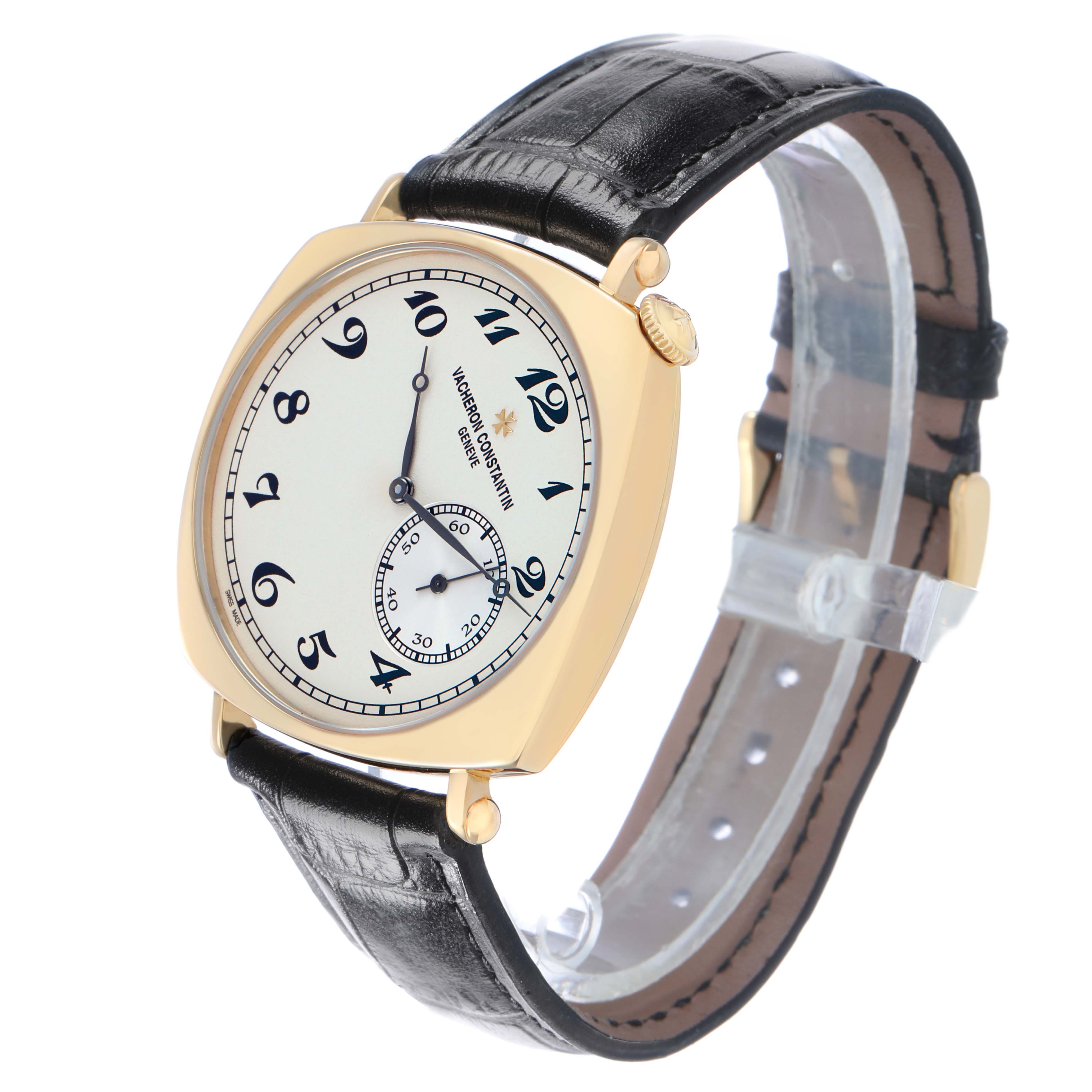 The Vacheron Constantin Historiques 82035/000R-9359 Men's Rose Gold Silver Dial watch is shown at a three-quarter angle, displaying the face, case, crown, and leather strap.