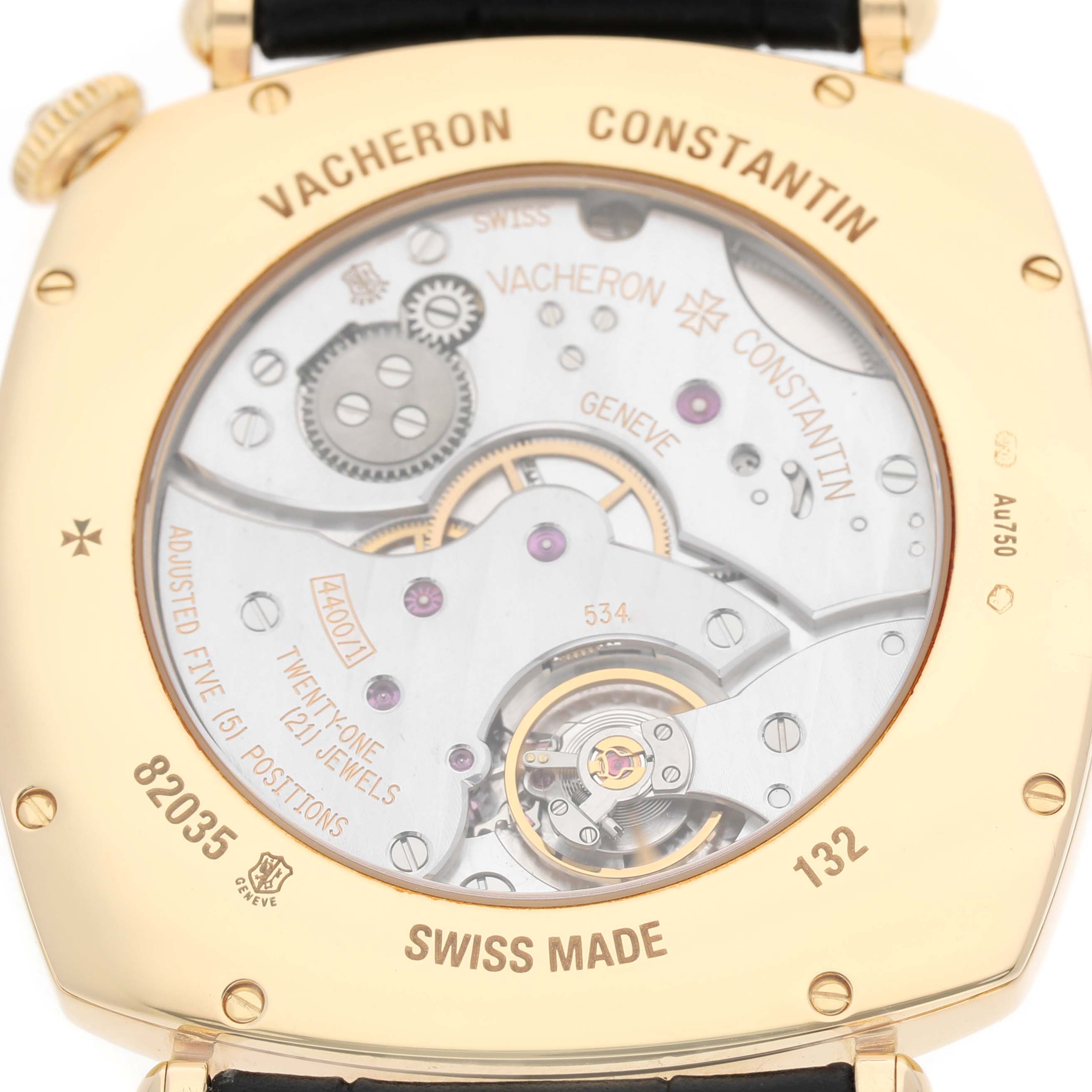 The image shows the case back of a Vacheron Constantin Historiques 82035/000R-9359 Men's Rose Gold Silver Dial, highlighting the movement and engravings.