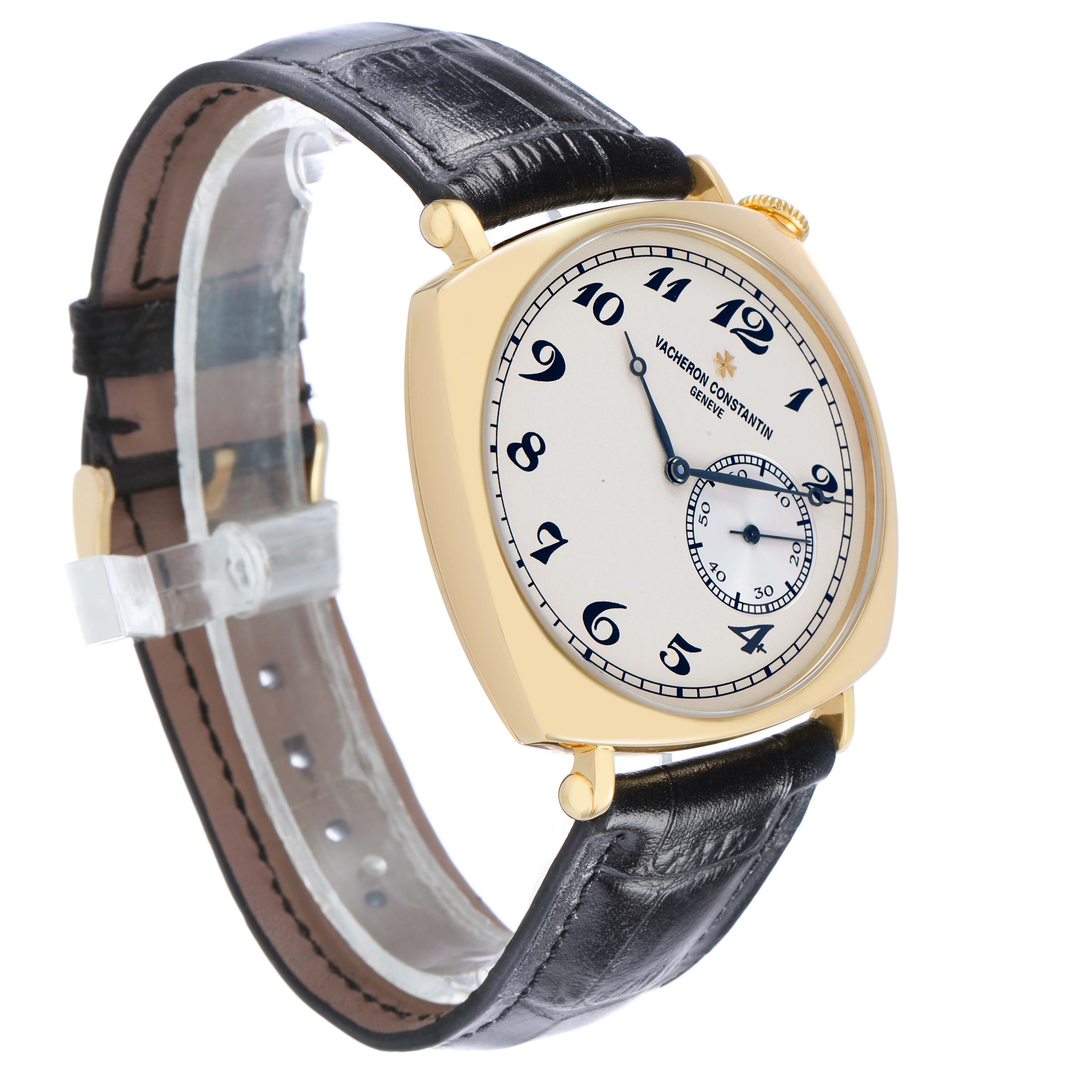 The Vacheron Constantin Historiques 82035/000R-9359 Men's Rose Gold Silver Dial watch is shown at an angled side view, displaying the face, lugs, crown, and leather strap.