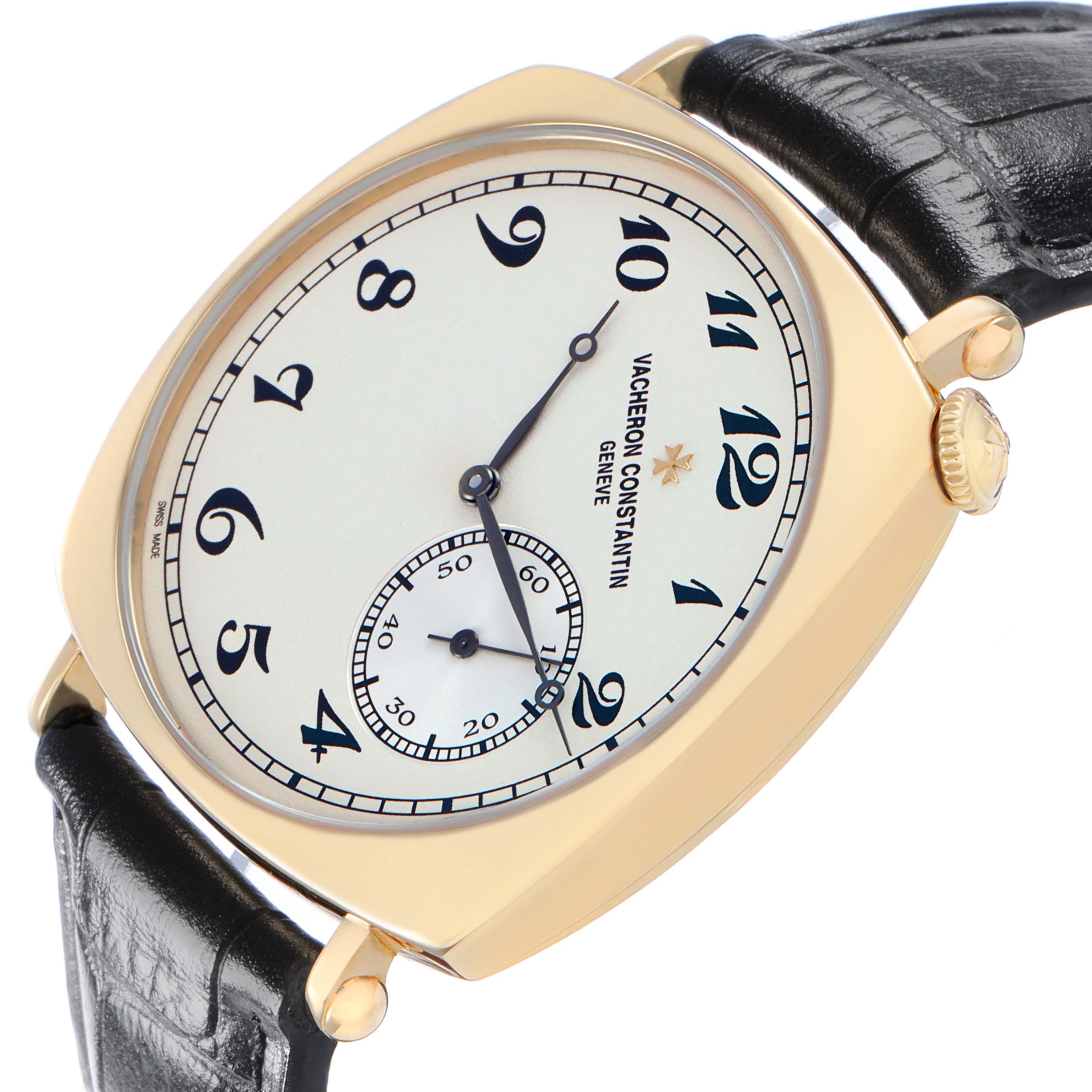 The Vacheron Constantin Historiques 82035/000R-9359 Men's Rose Gold Silver Dial watch is shown at a tilted angle, displaying its face, crown, and leather strap.