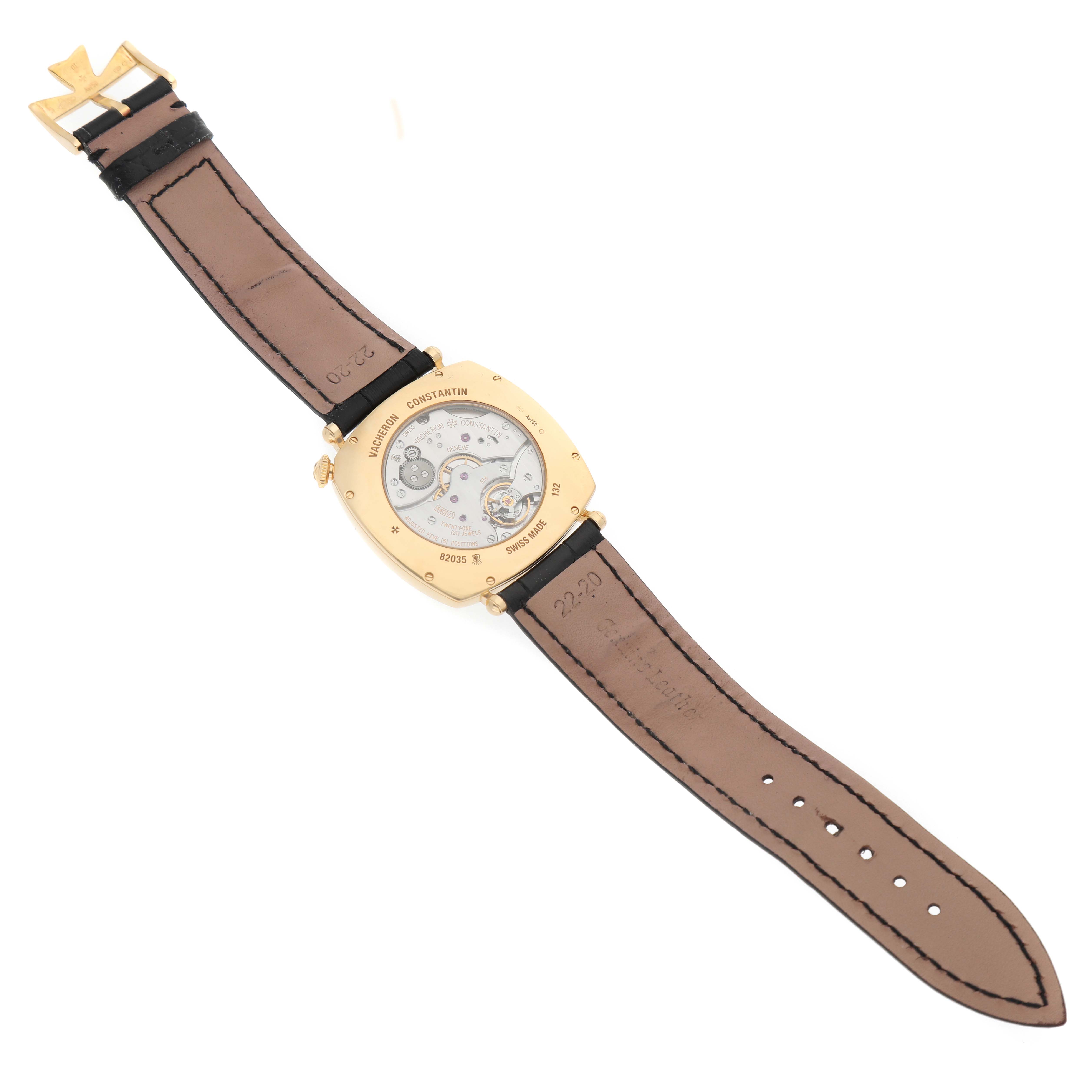 The image shows the back view of a Vacheron Constantin Historiques 82035/000R-9359 Men's Rose Gold Silver Dial watch, displaying its movement and leather strap.