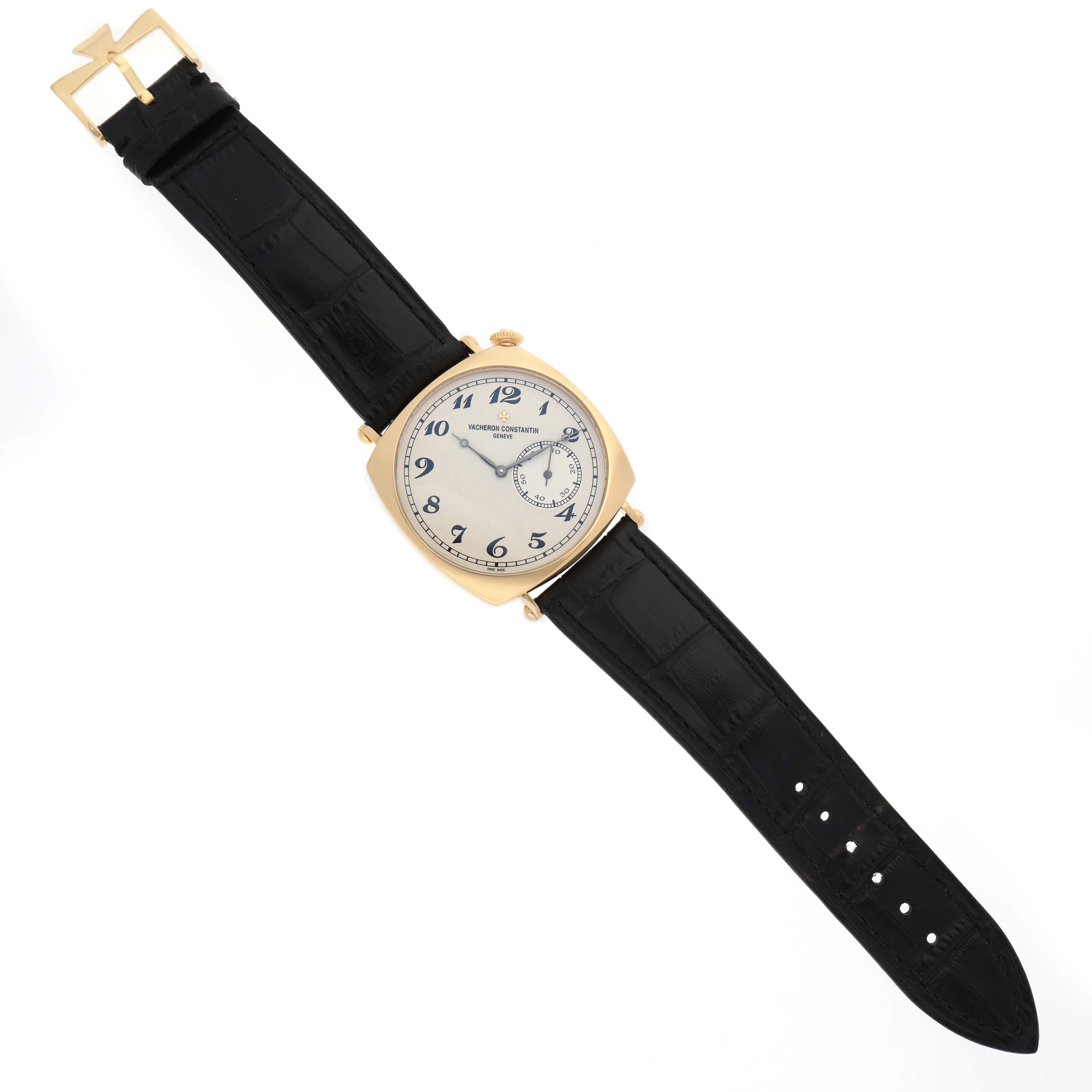 The Vacheron Constantin Historiques 82035/000R-9359 Men's Rose Gold Silver Dial watch is shown from a top-down angle, displaying its dial, case, and black leather strap.