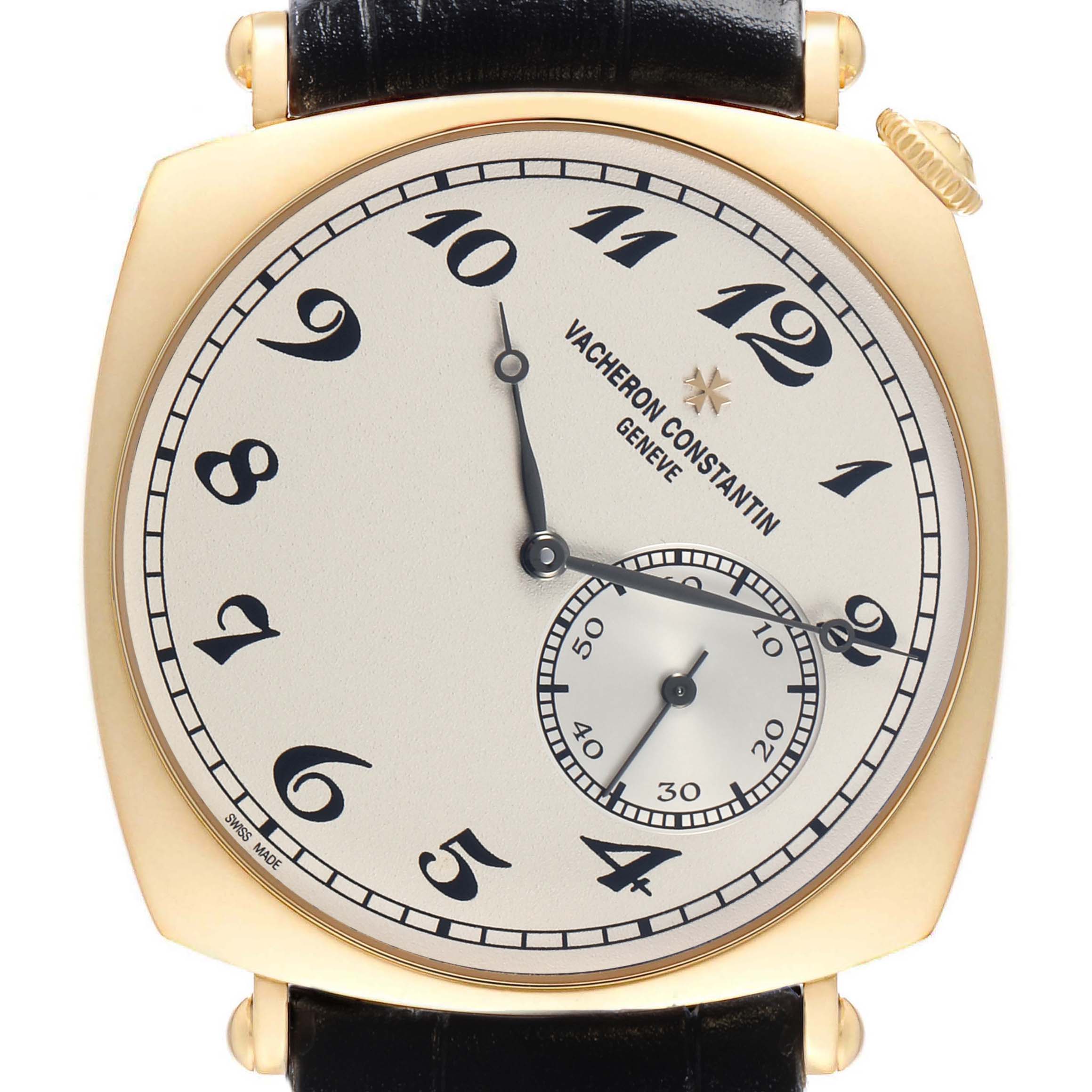 The Vacheron Constantin Historiques 82035/000R-9359 Men's Rose Gold Silver Dial watch is shown from a front angle, highlighting its dial, hands, and case.
