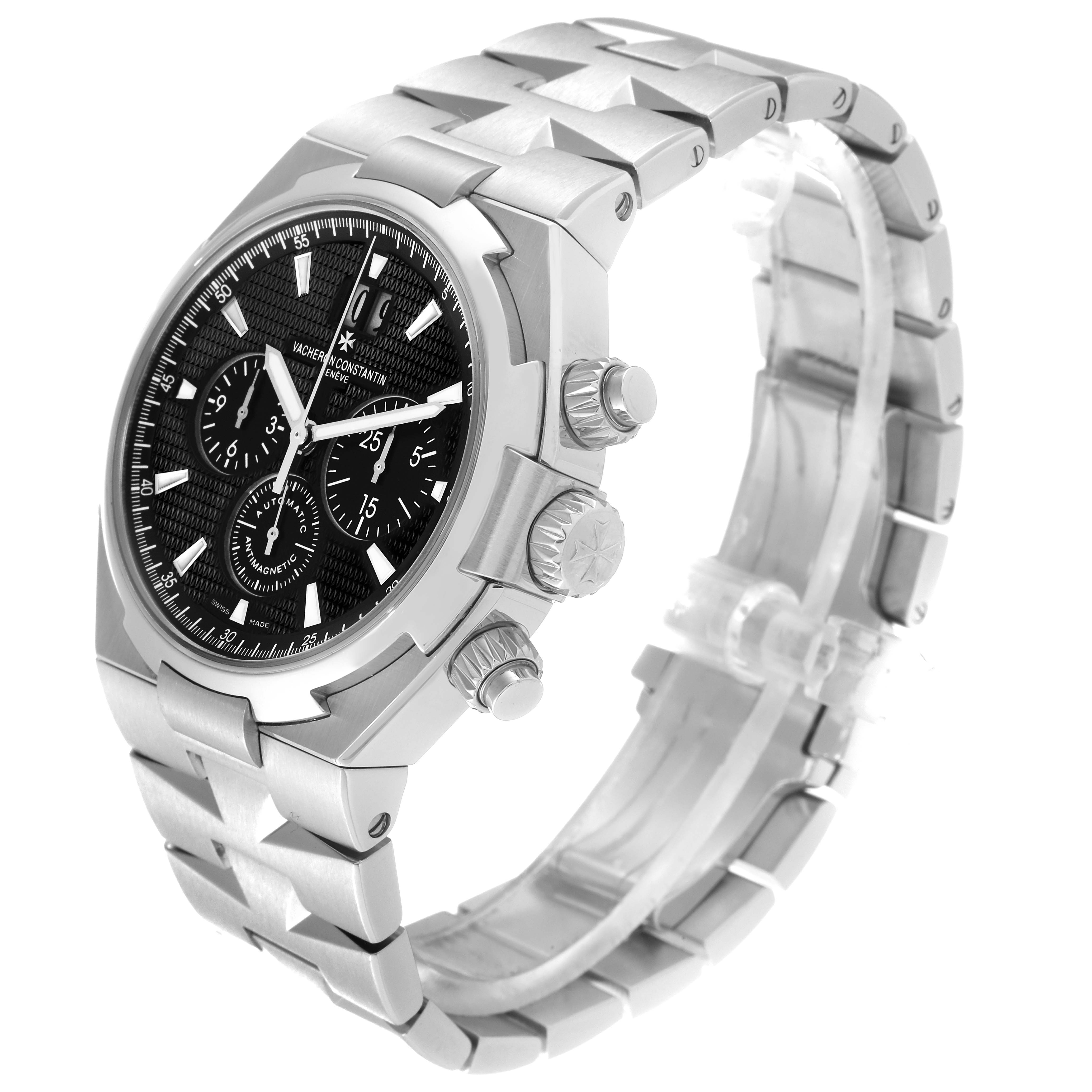 This image shows a Vacheron Constantin Overseas 49150/B01A-9097 Men's Stainless Steel Black Dial 49150/B01A-9097 Men's Stainless Steel Black Dial watch at a three-quarter angle, highlighting its face, bezel, crown, and bracelet.