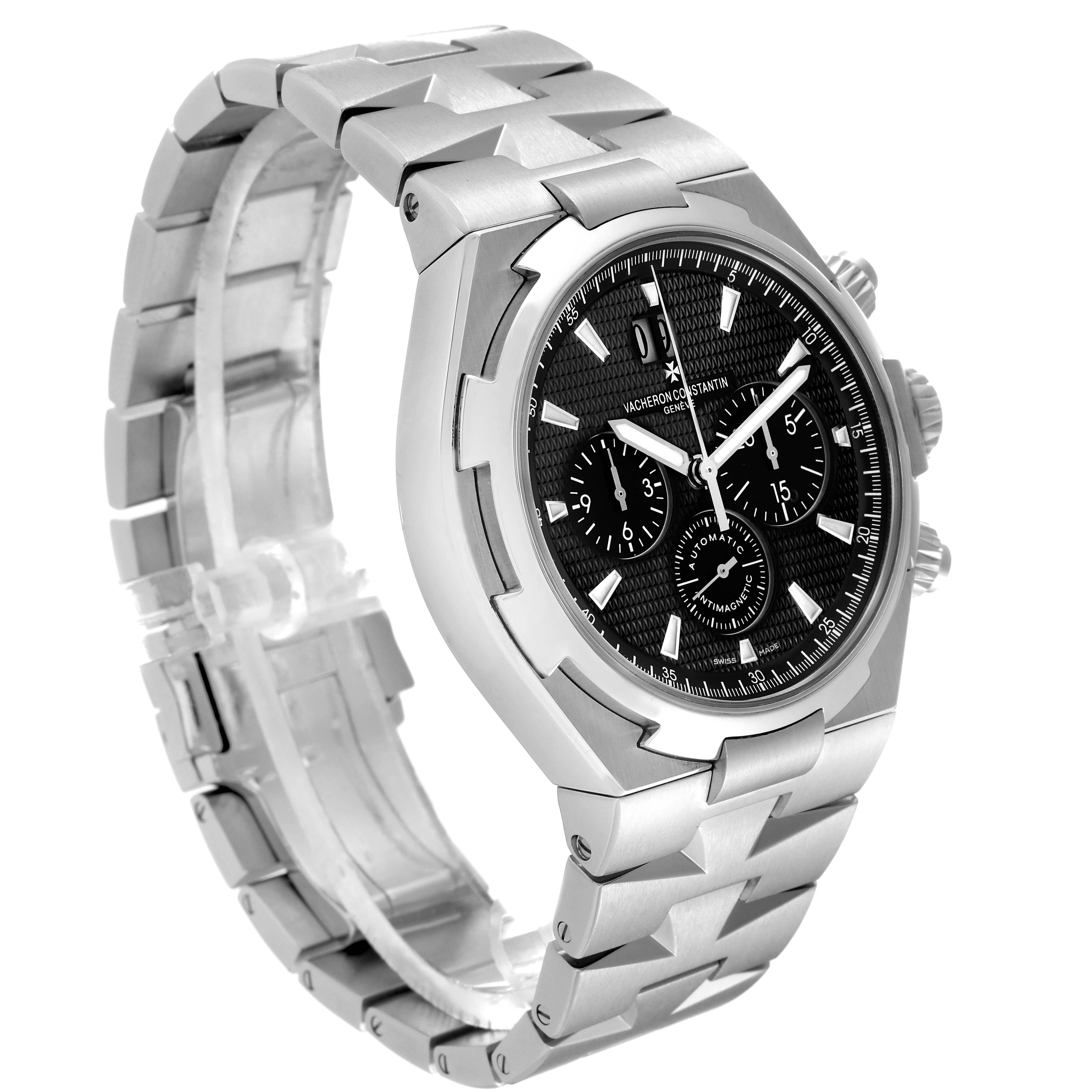 The image shows a Vacheron Constantin Overseas 49150/B01A-9097 Men's Stainless Steel Black Dial 49150/B01A-9097 Men's Stainless Steel Black Dial model watch at a three-quarter angle, highlighting its bracelet, case, and dial.