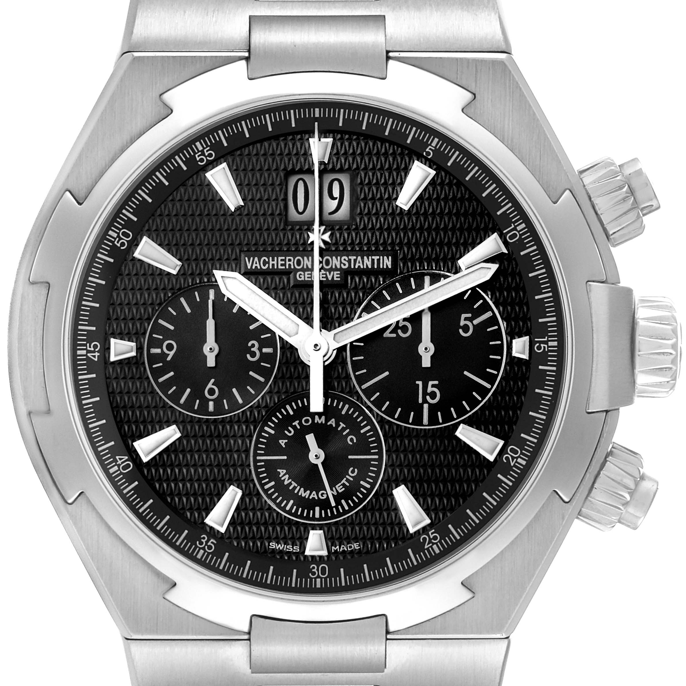 The Vacheron Constantin Overseas 49150/B01A-9097 Men's Stainless Steel Black Dial 49150/B01A-9097 Men's Stainless Steel Black Dial model watch is shown in a close-up view of its dial, case, and part of the bracelet.