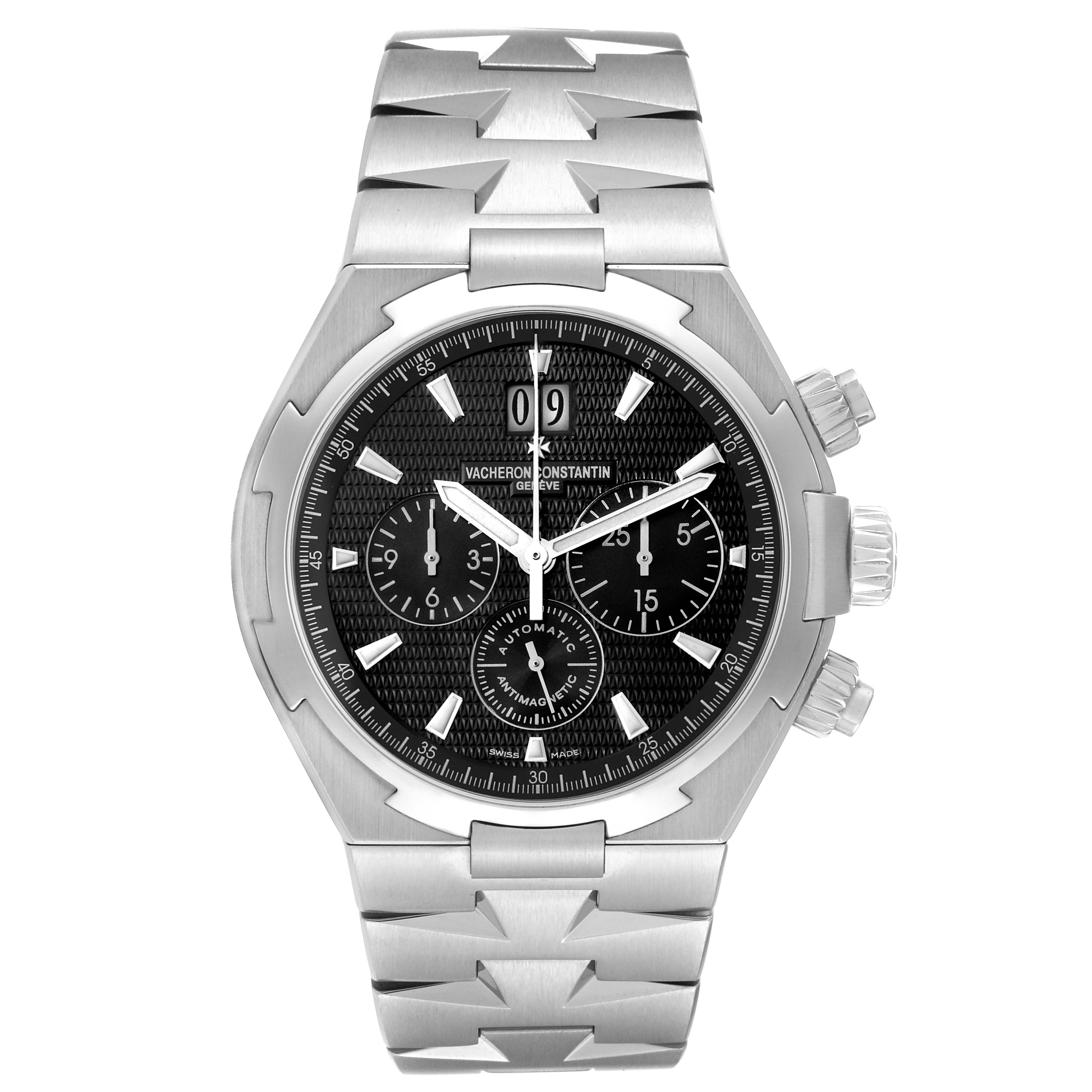 The image shows a front view of the Vacheron Constantin Overseas 49150/B01A-9097 Men's Stainless Steel Black Dial 49150/B01A-9097 Men's Stainless Steel Black Dial watch, highlighting the dial, chronograph subdials, and part of the bracelet.