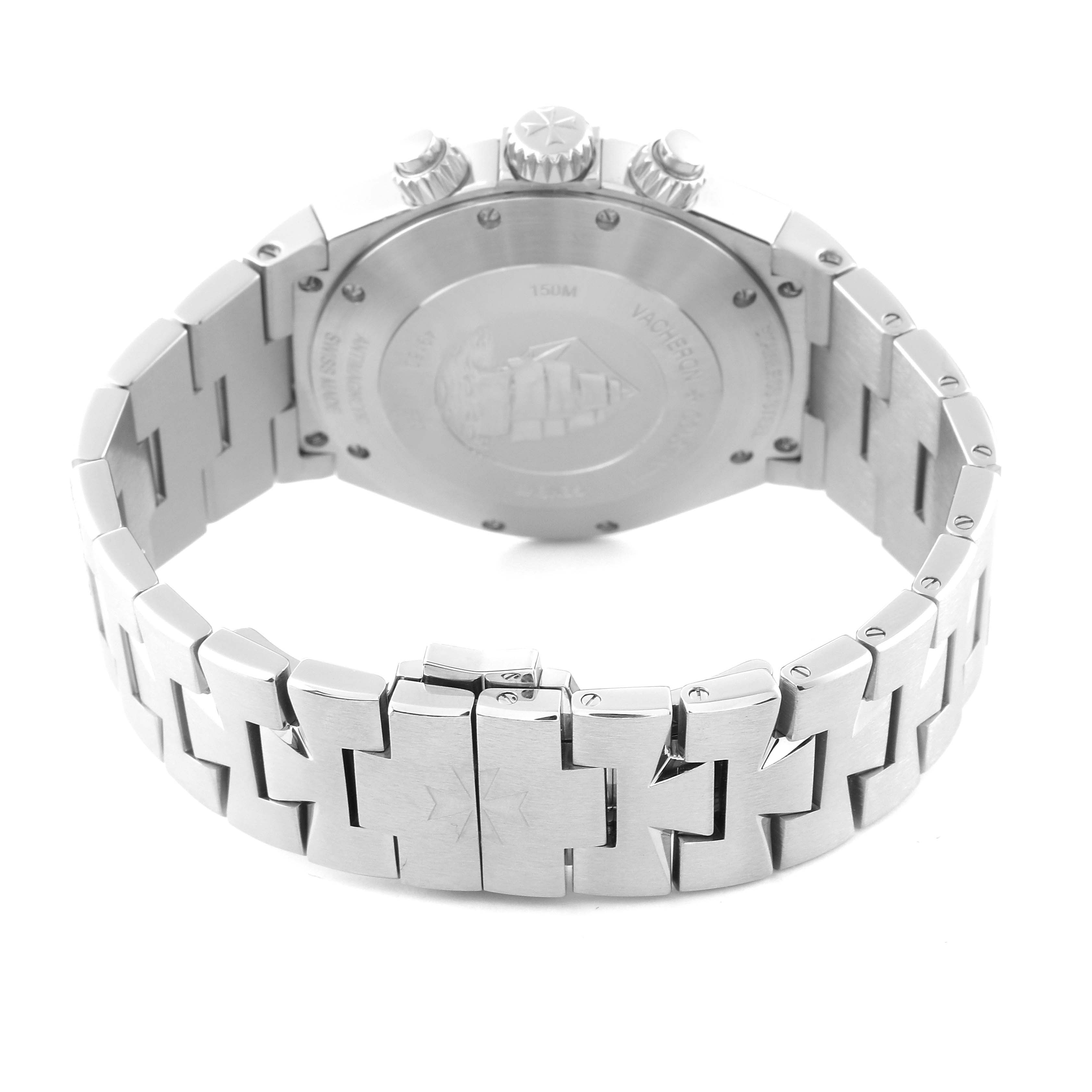 The image shows the back and clasp of a Vacheron Constantin Overseas 49150/B01A-9097 Men's Stainless Steel Black Dial 49150/B01A-9097 Men's Stainless Steel Black Dial model watch, highlighting the bracelet and case back.