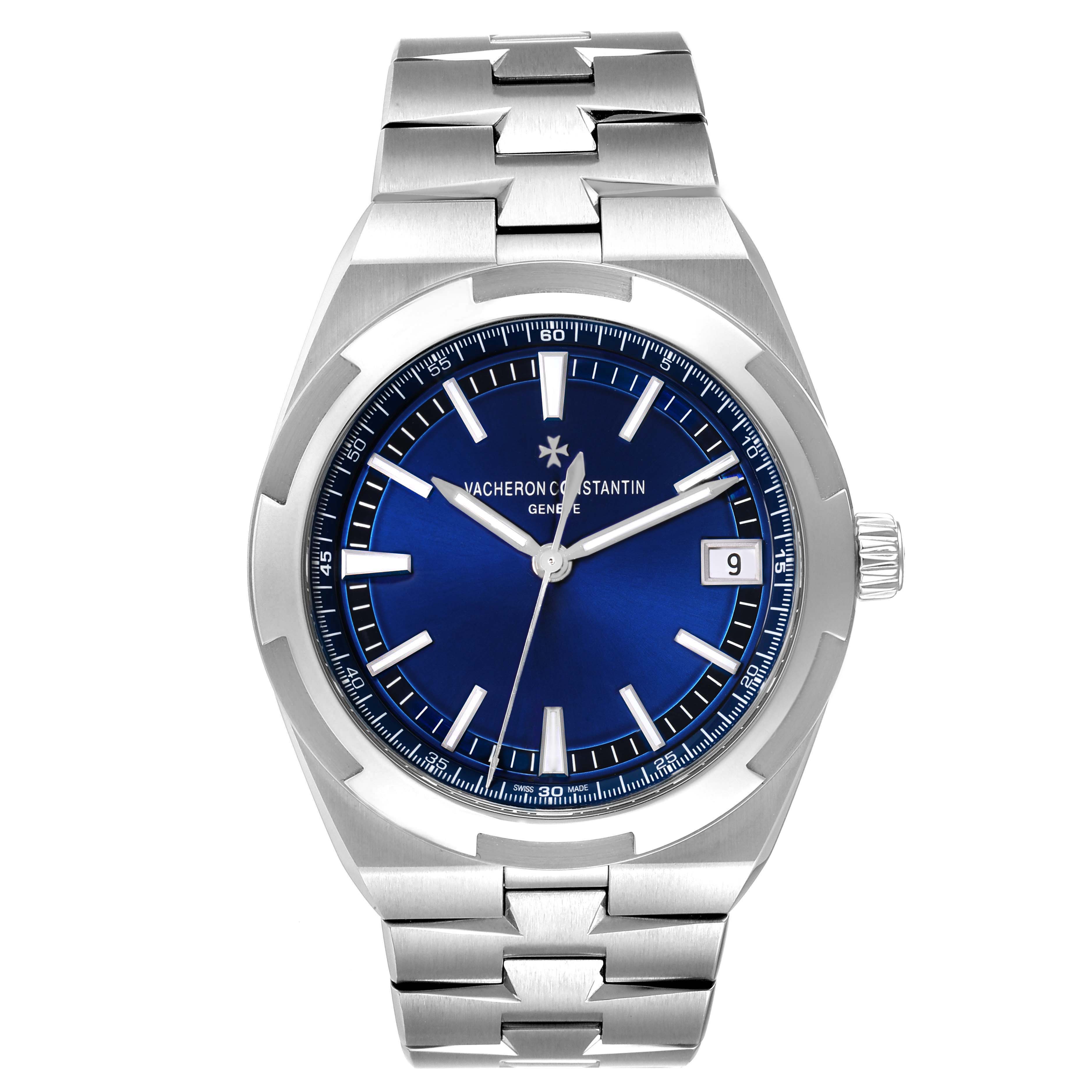 The Vacheron Constantin Overseas 4500V Mens Stainless Steel Blue Dial model watch is shown from a front angle, highlighting the dial, bezel, and bracelet.