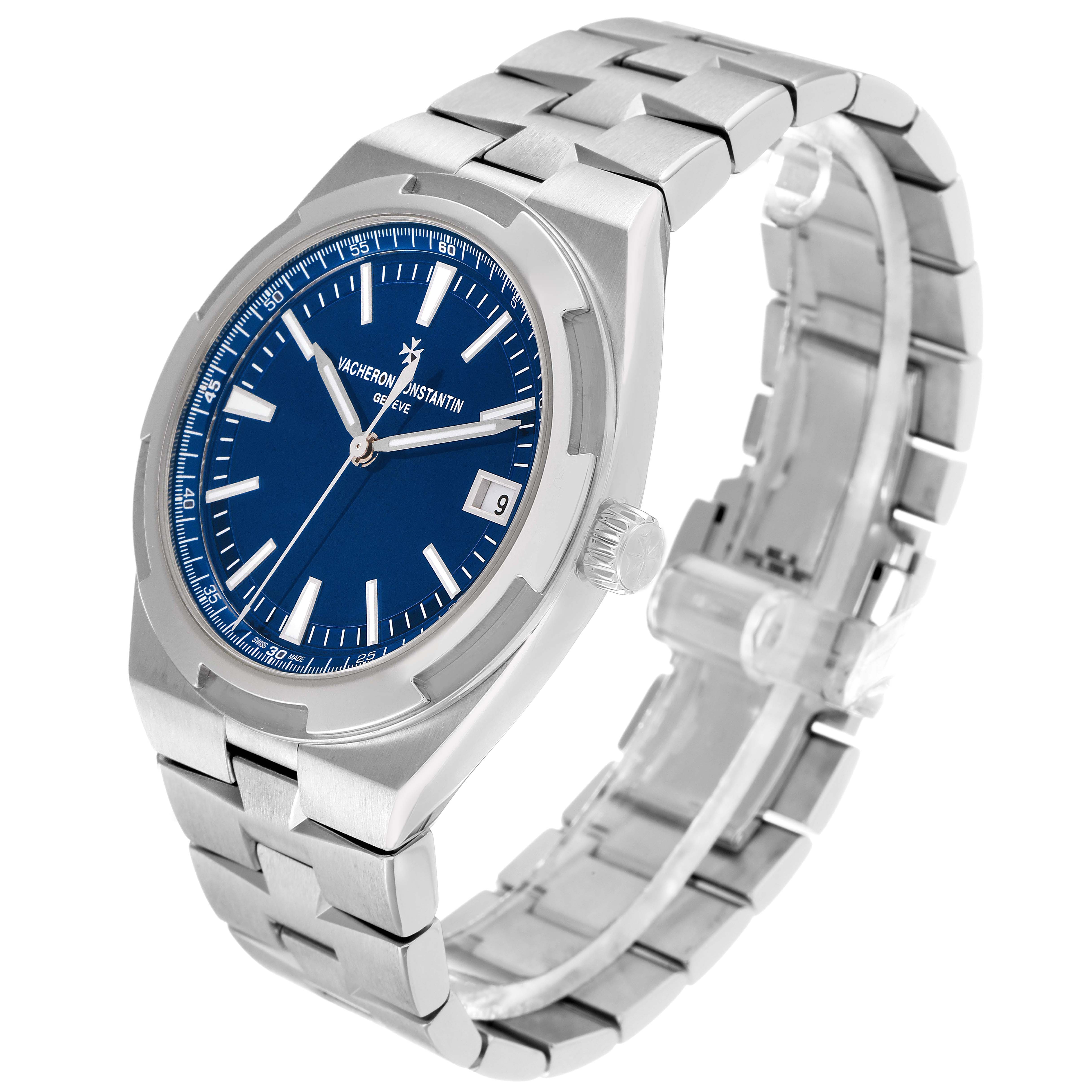 The Vacheron Constantin Overseas 4500V Mens Stainless Steel Blue Dial watch is shown at a three-quarter angle, highlighting the blue dial, bracelet, and crown.
