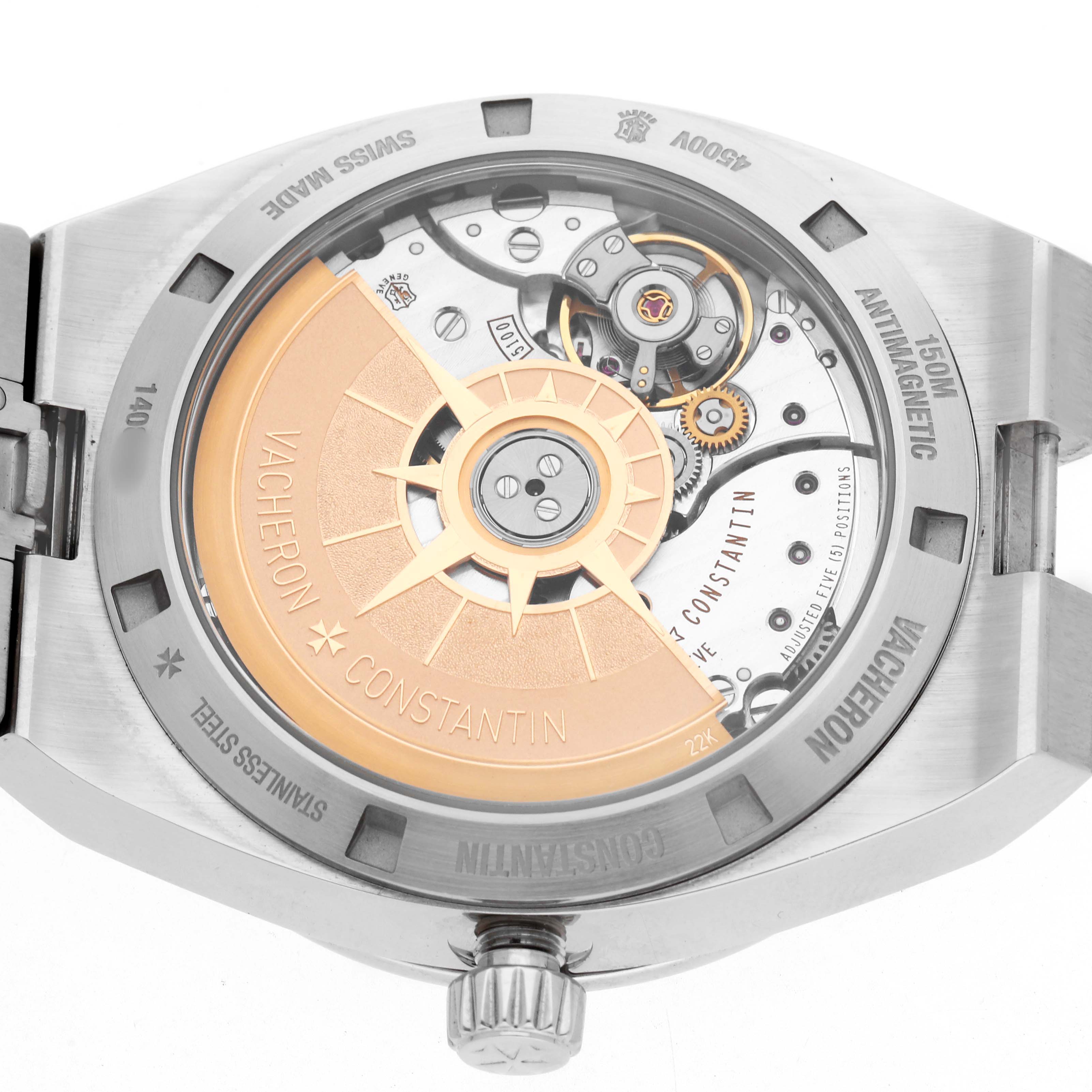 The image shows the back view of a Vacheron Constantin Overseas 4500V Mens Stainless Steel Blue Dial model, highlighting its rotor and movement components.