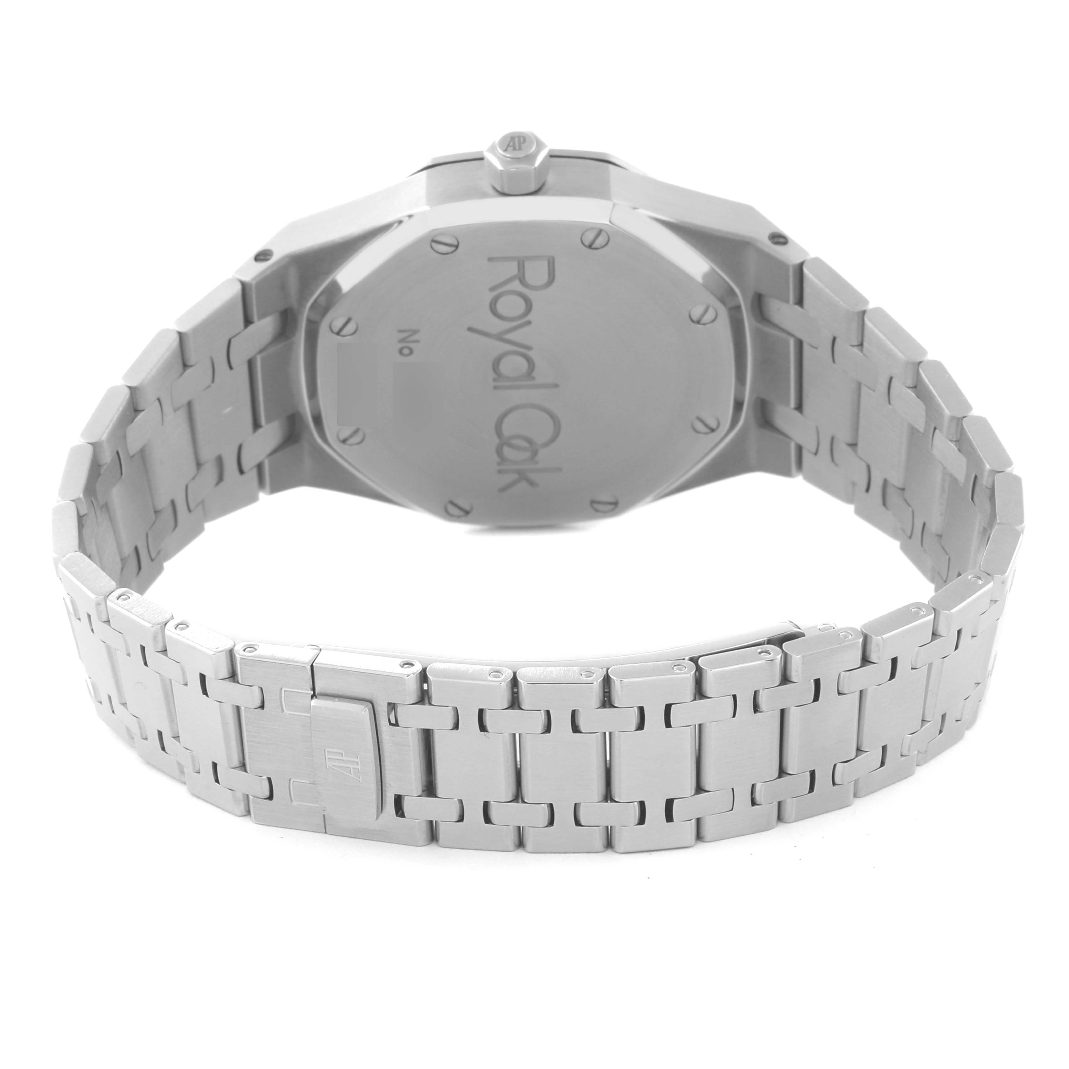The image shows the back case and stainless steel bracelet of an Audemars Piguet Royal Oak 25594ST.O.0789ST.01 Men's Stainless Steel White Dial 25594ST.O.0789ST.01 Men's Stainless Steel White Dial watch from a rear angle.
