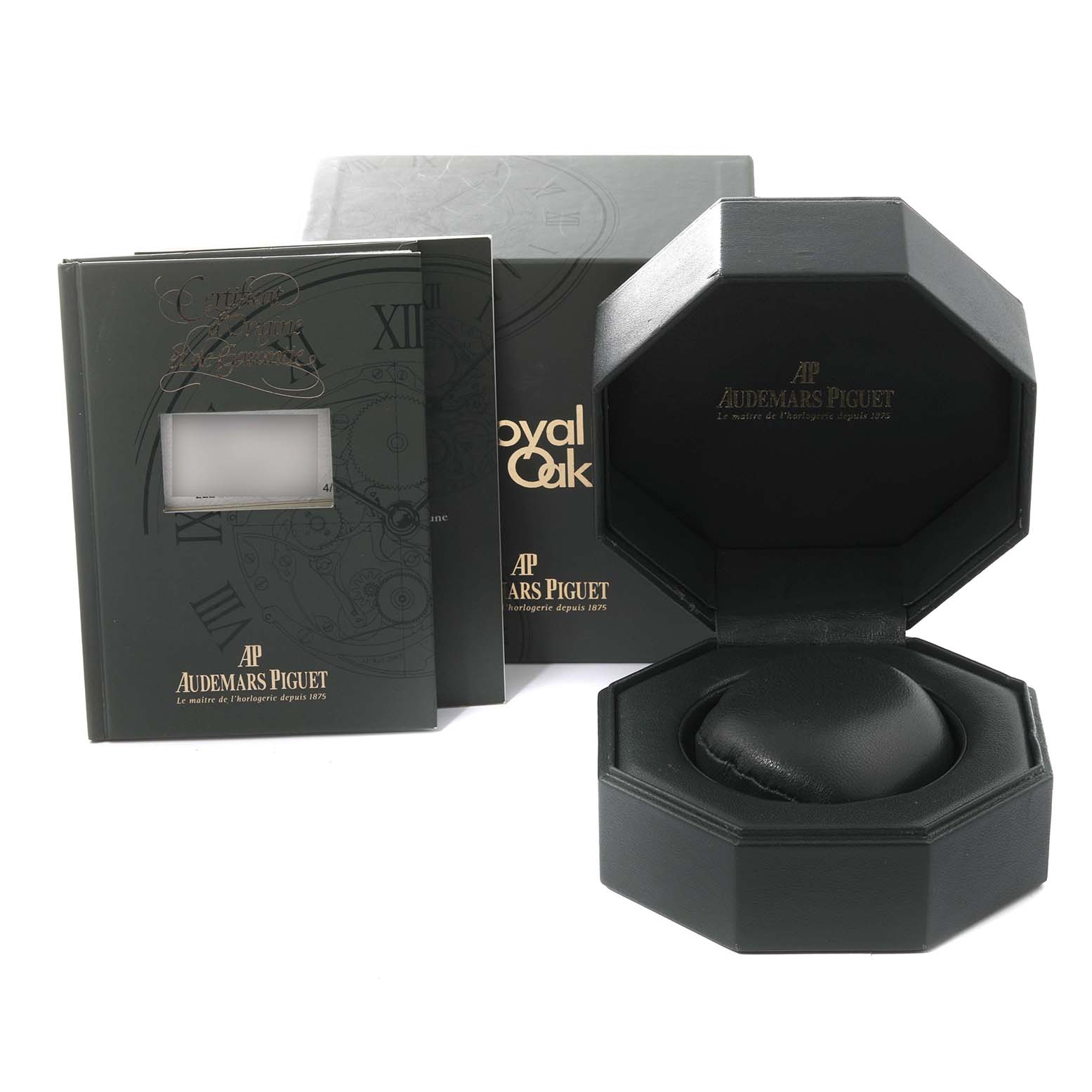 The image shows the box, manual, and booklets for an Audemars Piguet Royal Oak 25594ST.O.0789ST.01 Men's Stainless Steel White Dial 25594ST.O.0789ST.01 Men's Stainless Steel White Dial watch.