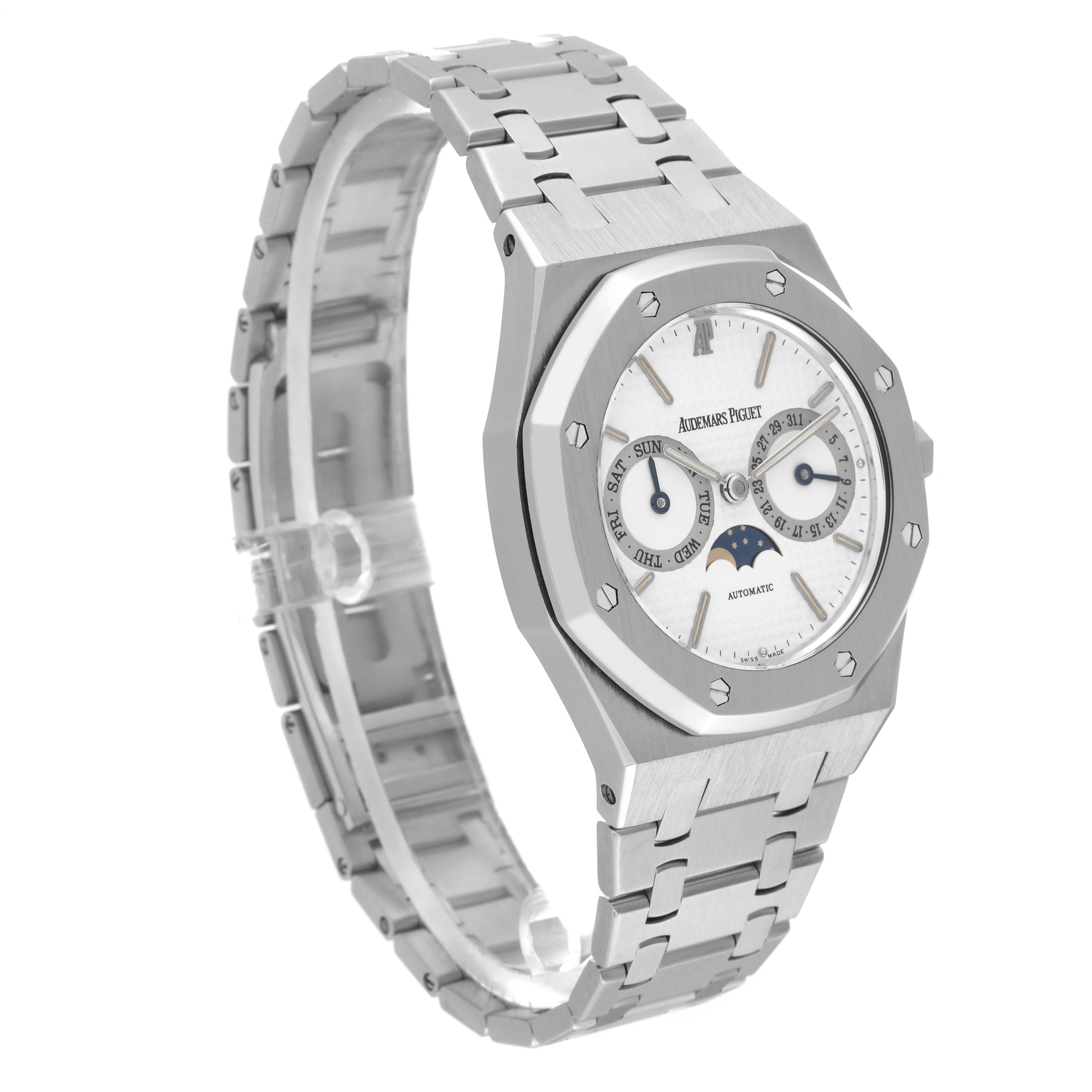 The image shows an angled view of an Audemars Piguet Royal Oak 25594ST.O.0789ST.01 Men's Stainless Steel White Dial 25594ST.O.0789ST.01 Men's Stainless Steel White Dial watch, highlighting its face and metal bracelet.