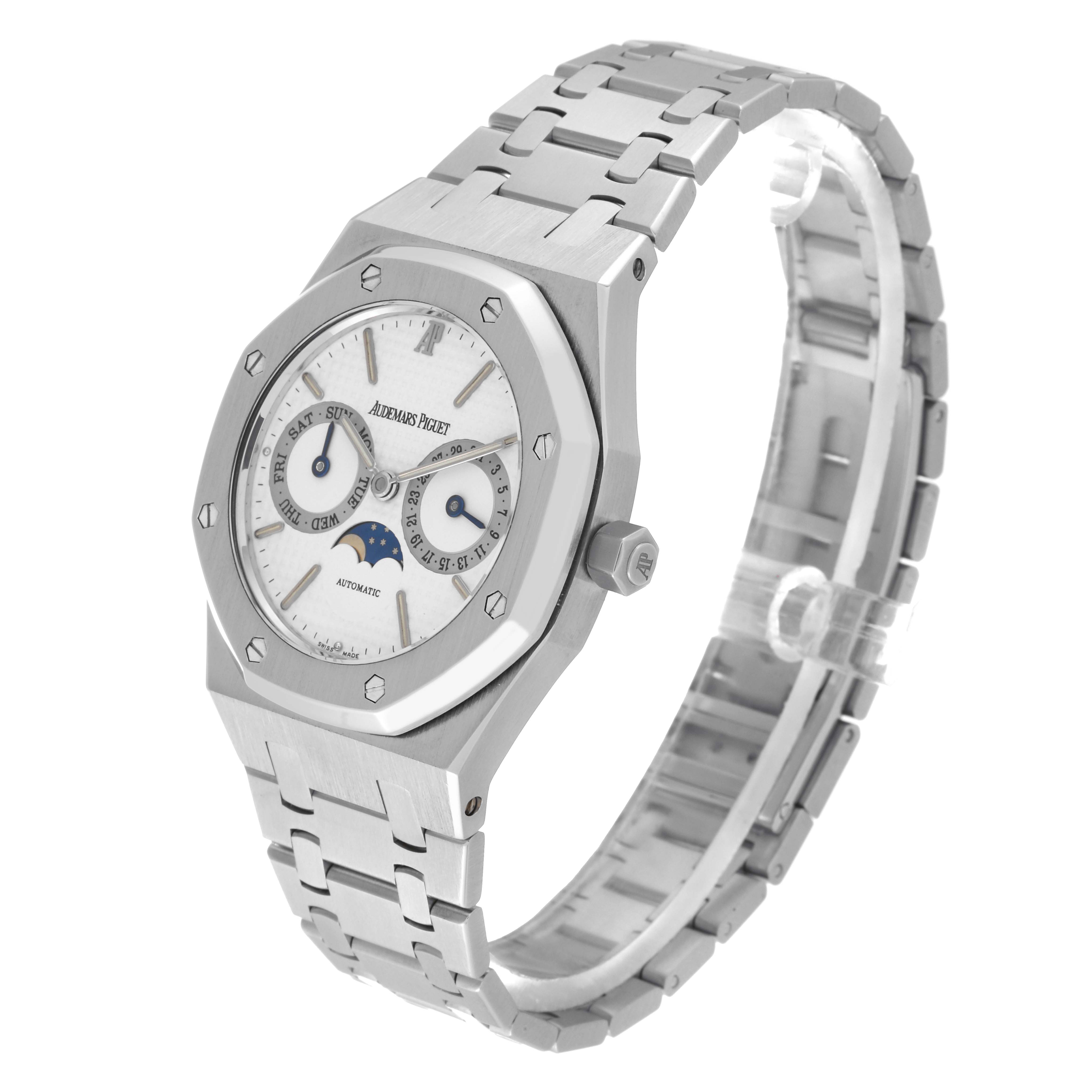 This image shows a side-angle view of the Audemars Piguet Royal Oak 25594ST.O.0789ST.01 Men's Stainless Steel White Dial 25594ST.O.0789ST.01 Men's Stainless Steel White Dial with its bracelet and case details visible.