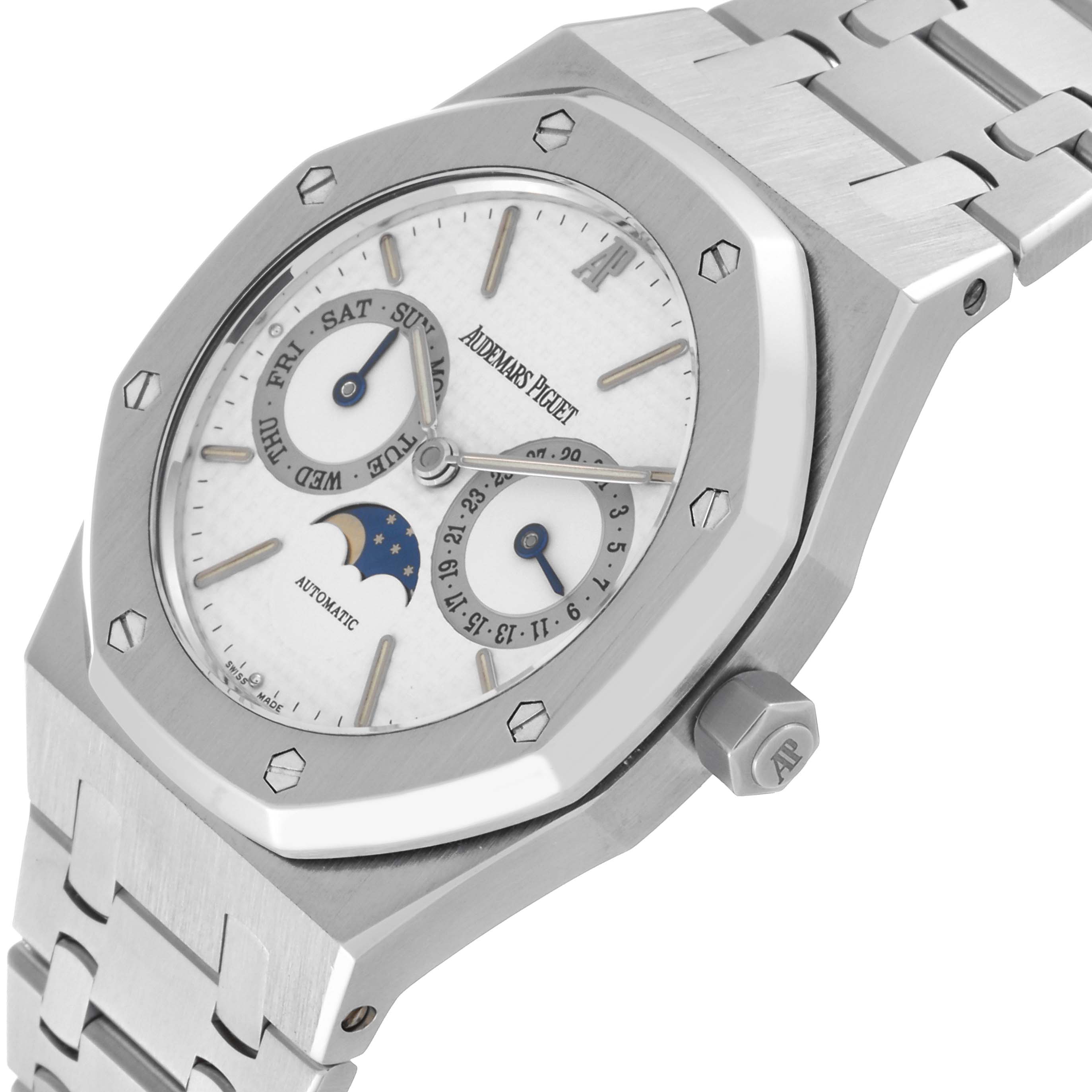 The image shows the face and stainless steel band of the Audemars Piguet Royal Oak 25594ST.O.0789ST.01 Men's Stainless Steel White Dial 25594ST.O.0789ST.01 Men's Stainless Steel White Dial watch at a slight angle.