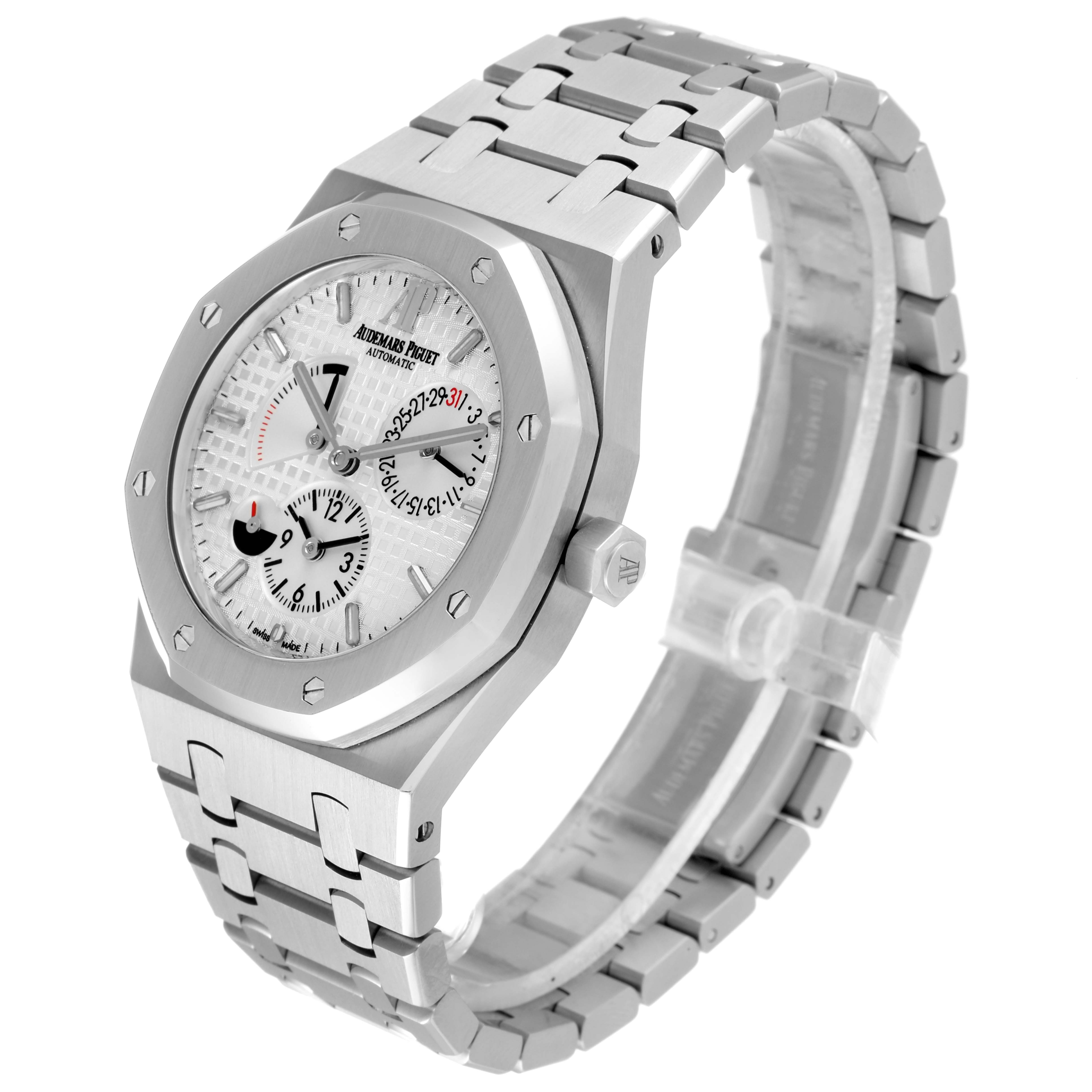The image shows a side angle of the Audemars Piguet Royal Oak 26120ST.OO.1220ST.01 Men's Stainless Steel Silver Dial 26120ST.OO.1220ST.01 Men's Stainless Steel Silver Dial watch, displaying its face, bezel, bracelet, and crown.