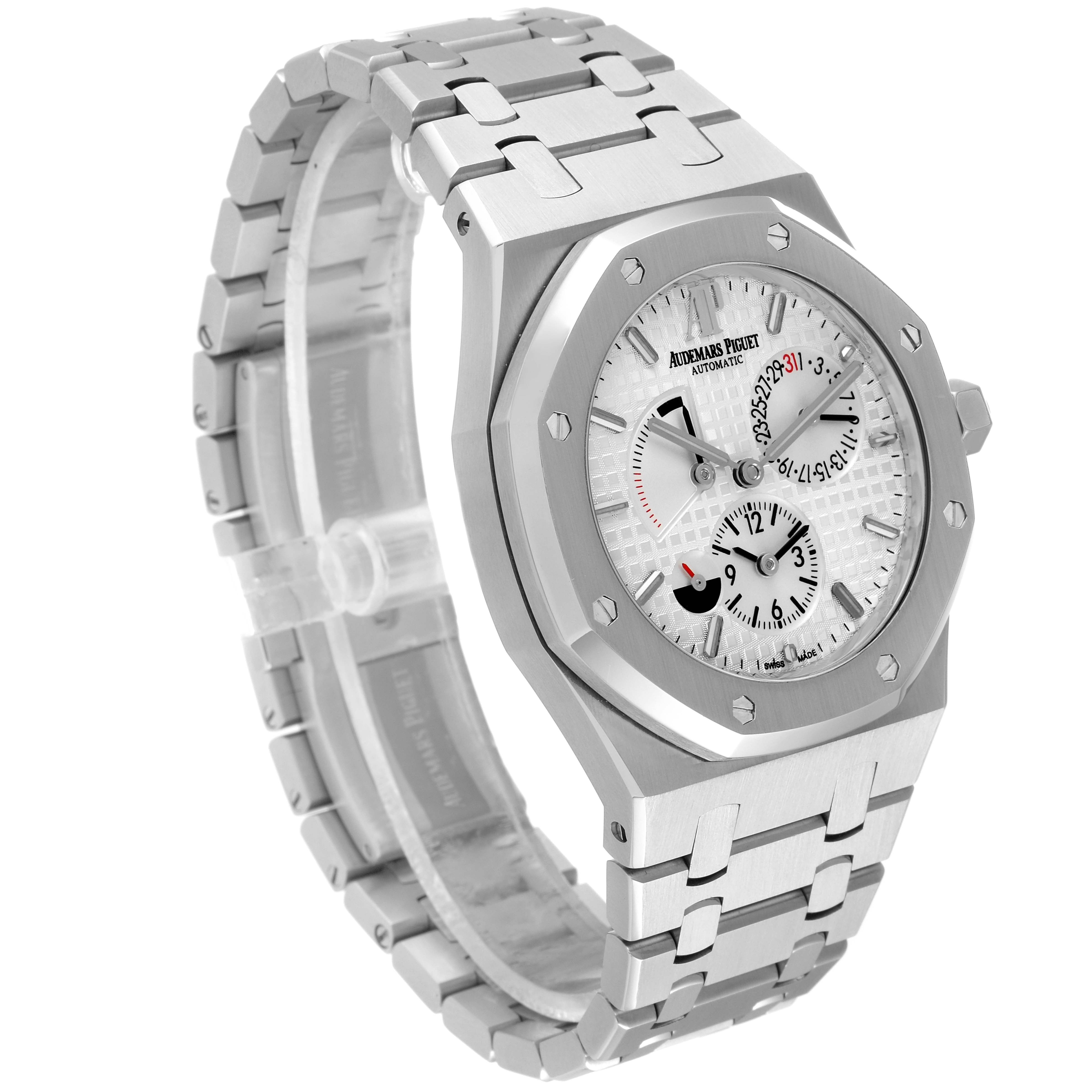 The image shows a side angle view of the Audemars Piguet Royal Oak 26120ST.OO.1220ST.01 Men's Stainless Steel Silver Dial 26120ST.OO.1220ST.01 Men's Stainless Steel Silver Dial watch, highlighting the watch face, bracelet, and details on the dial.