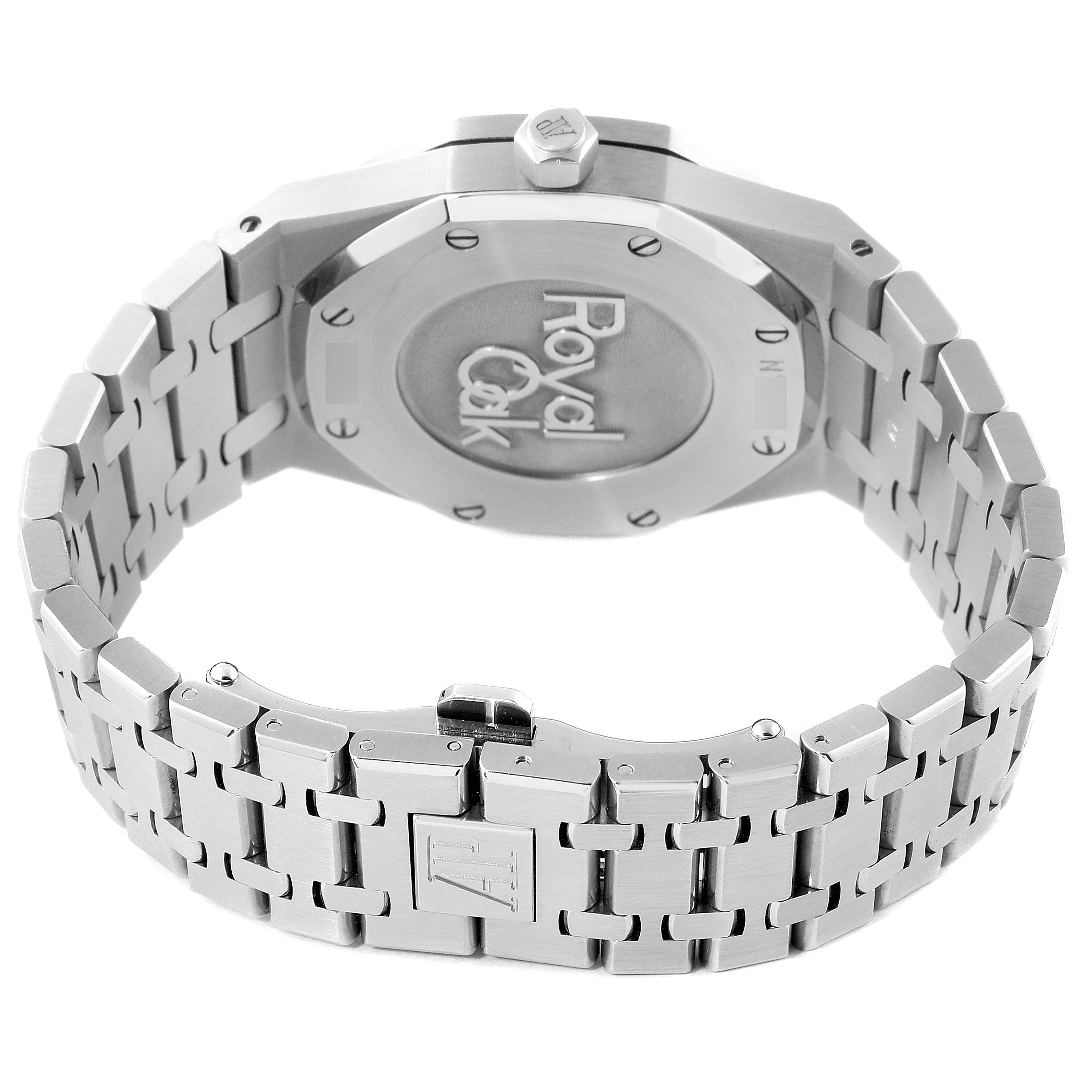 This image shows the back view of an Audemars Piguet Royal Oak 26120ST.00.1220ST.03 Men's Stainless Steel Black Dial 26120ST.00.1220ST.03 Men's Stainless Steel Black Dial watch, highlighting the case back, bracelet, and clasp.