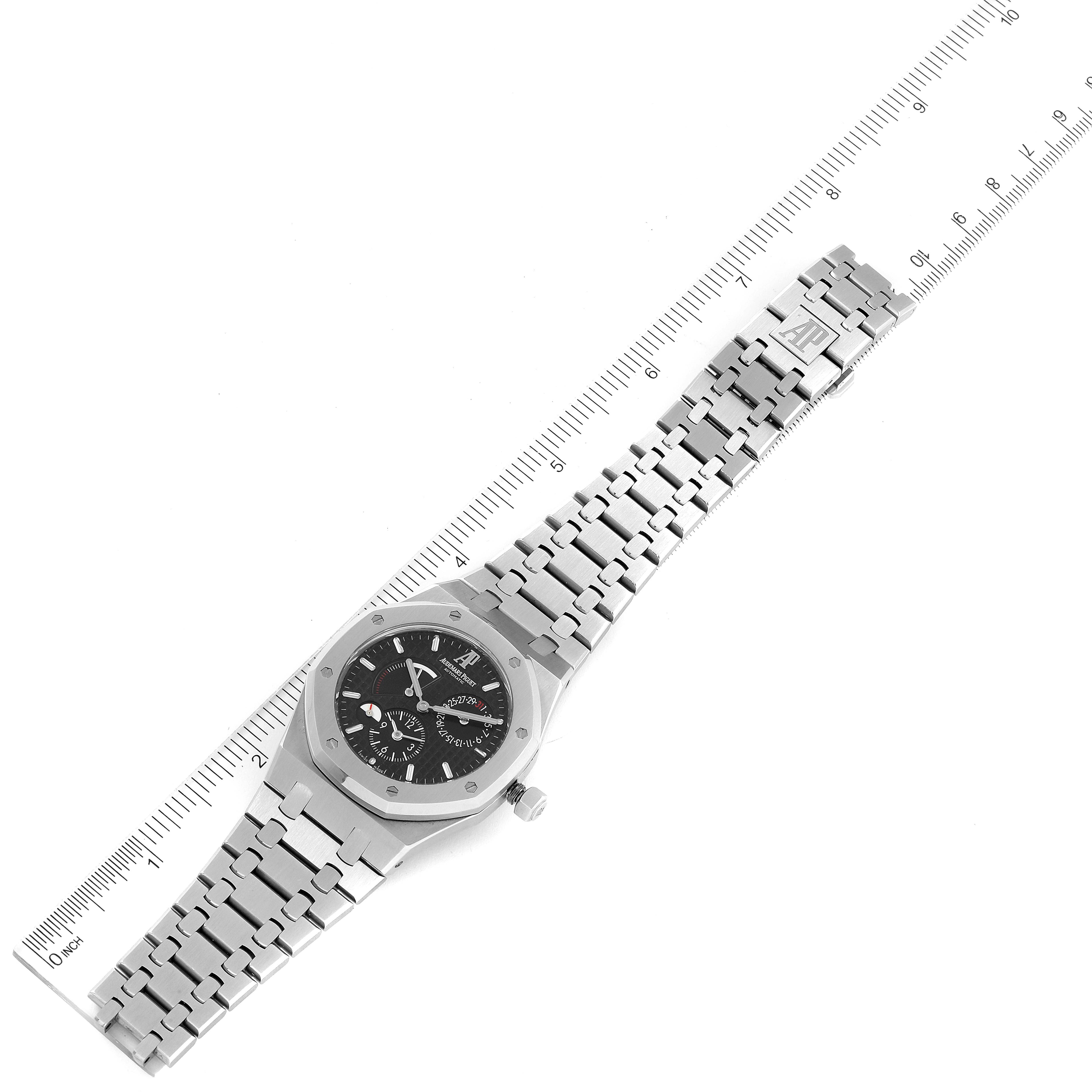 The Audemars Piguet Royal Oak 26120ST.00.1220ST.03 Men's Stainless Steel Black Dial 26120ST.00.1220ST.03 Men's Stainless Steel Black Dial watch is shown from an overhead angle, displaying the watch face, band, and crown.